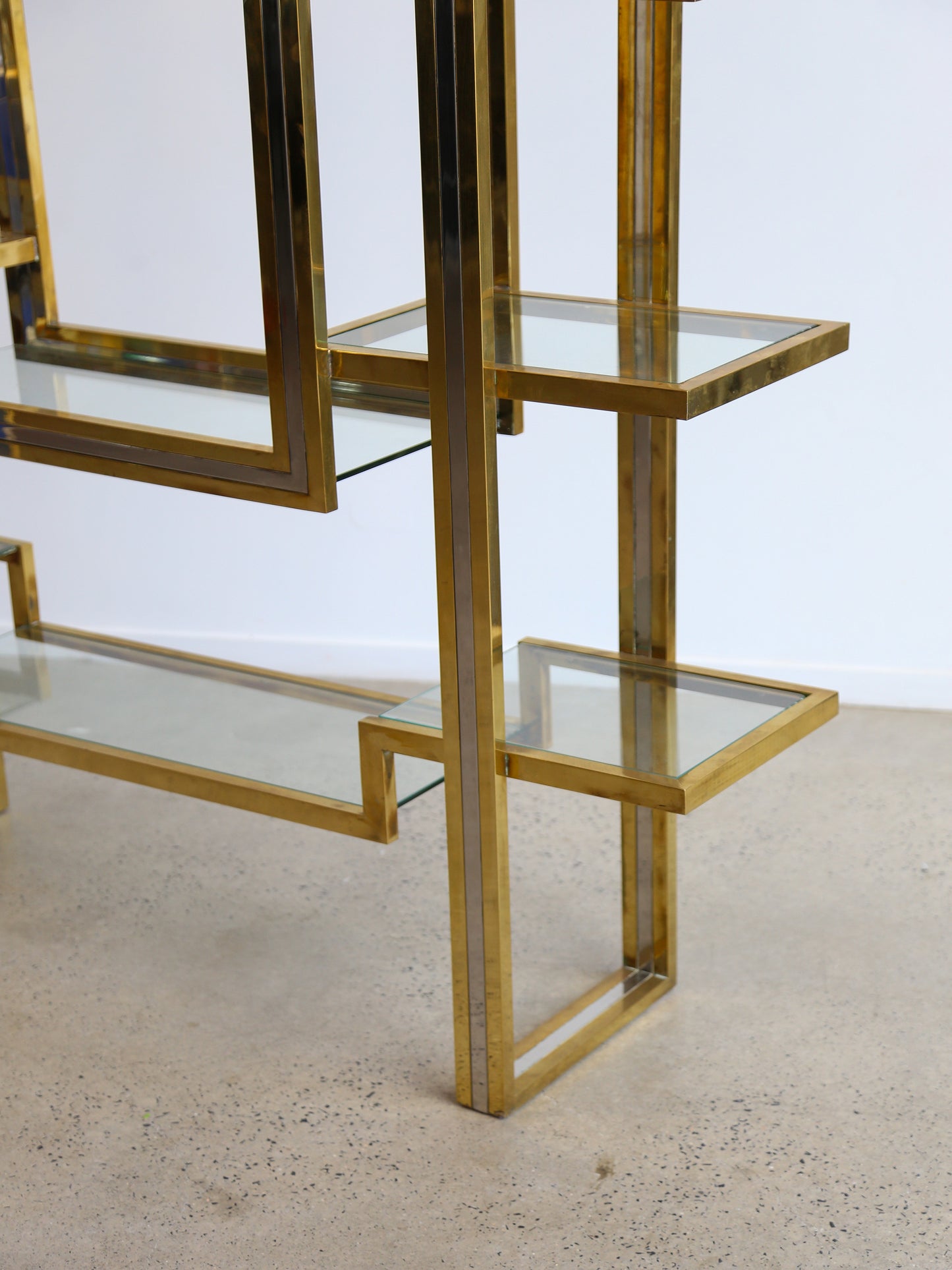 Romeo Rega Large Standing Brass, Chrome & Glass Bookshelf 1970s