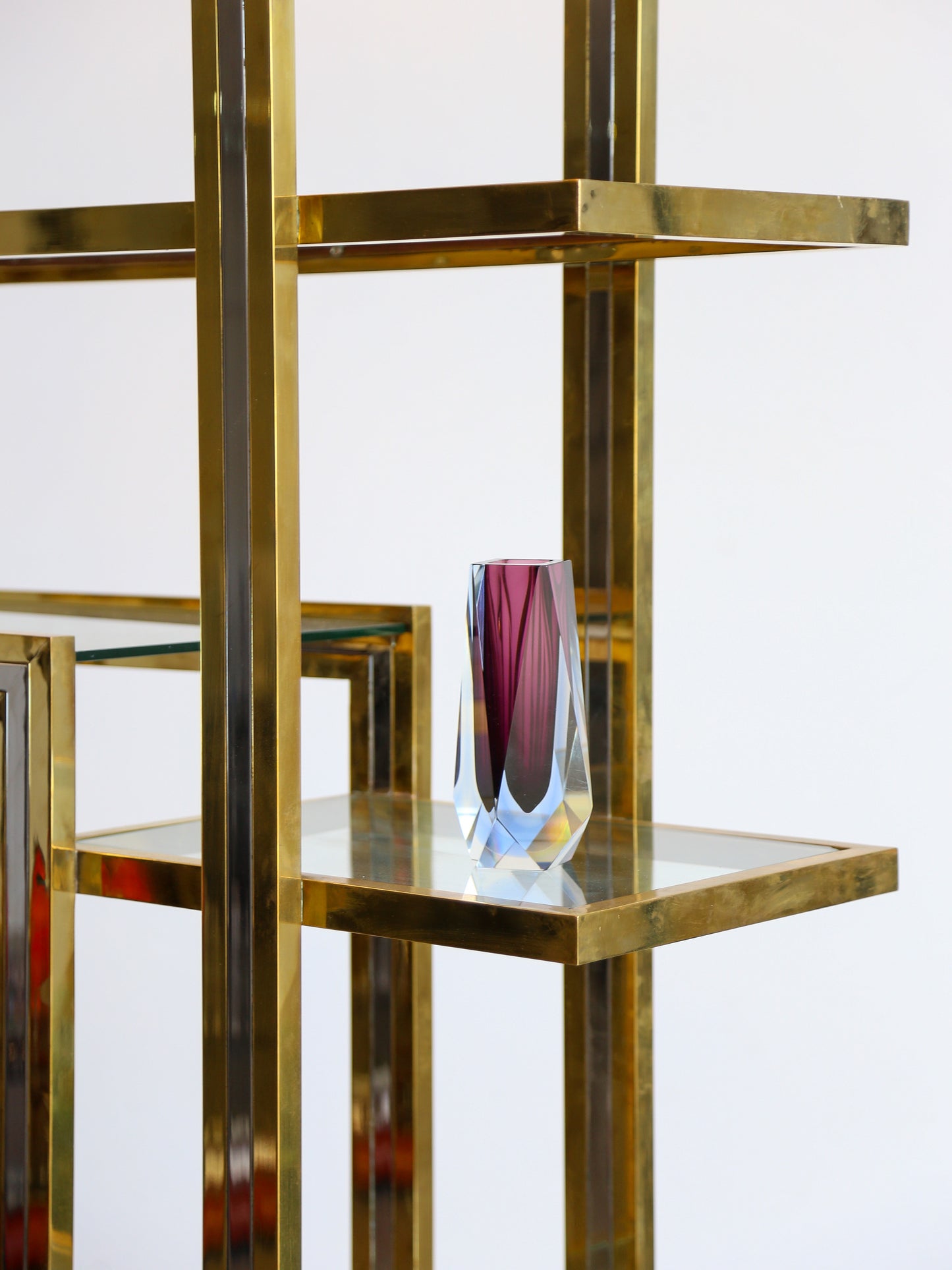 Romeo Rega Large Standing Brass, Chrome & Glass Bookshelf 1970s