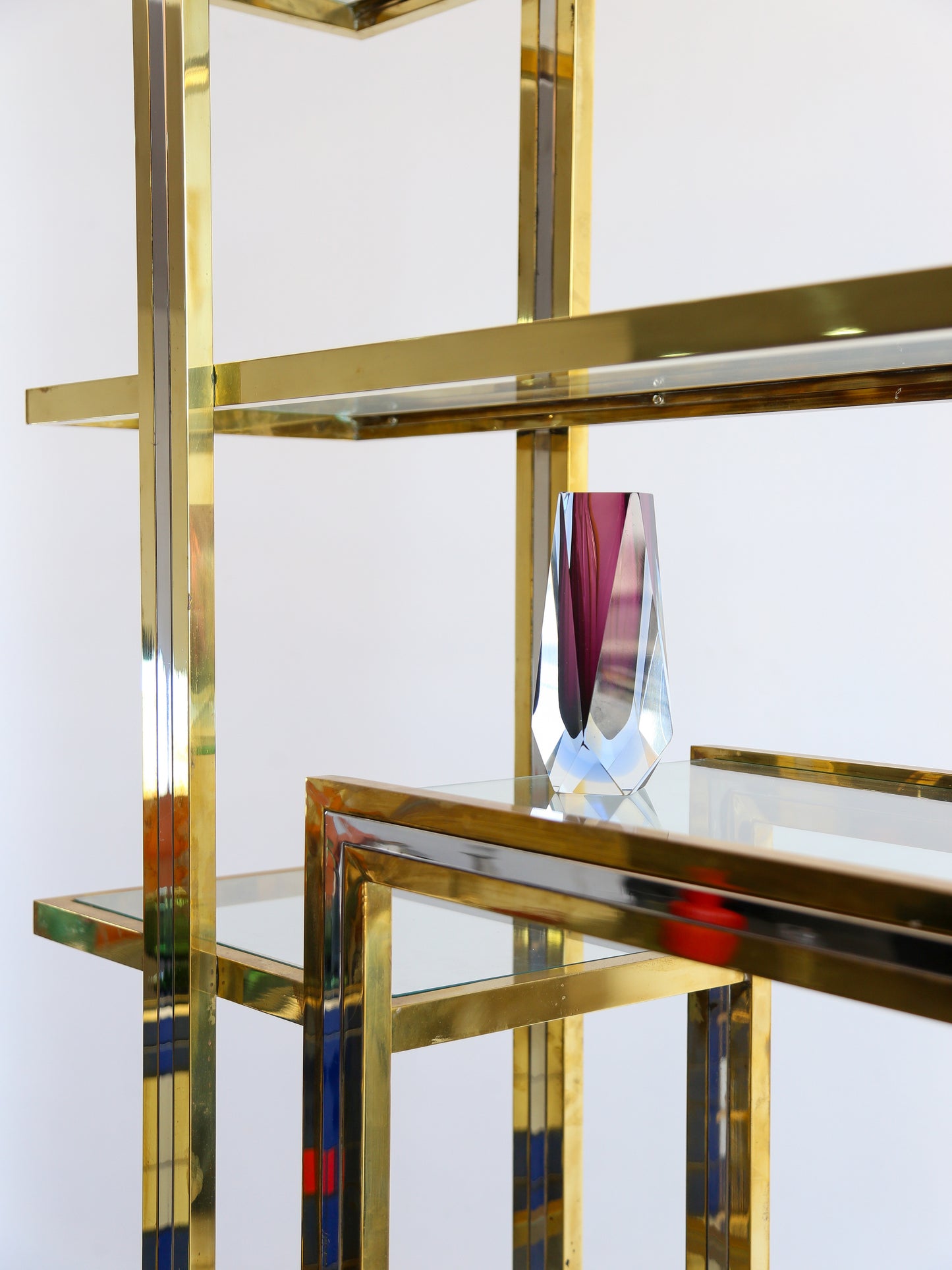 Romeo Rega Large Standing Brass, Chrome & Glass Bookshelf 1970s