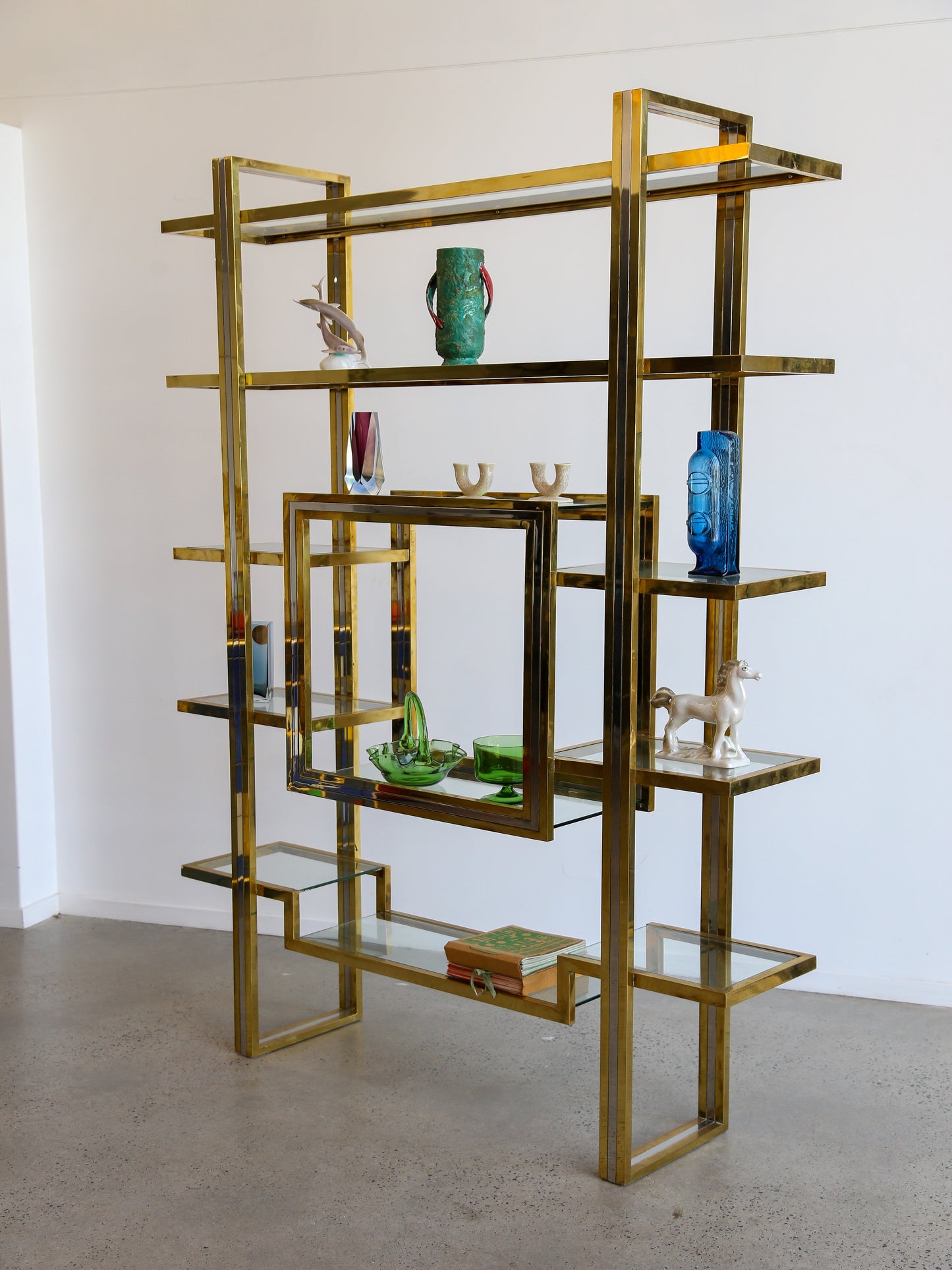 Romeo Rega Large Standing Brass, Chrome & Glass Bookshelf 1970s