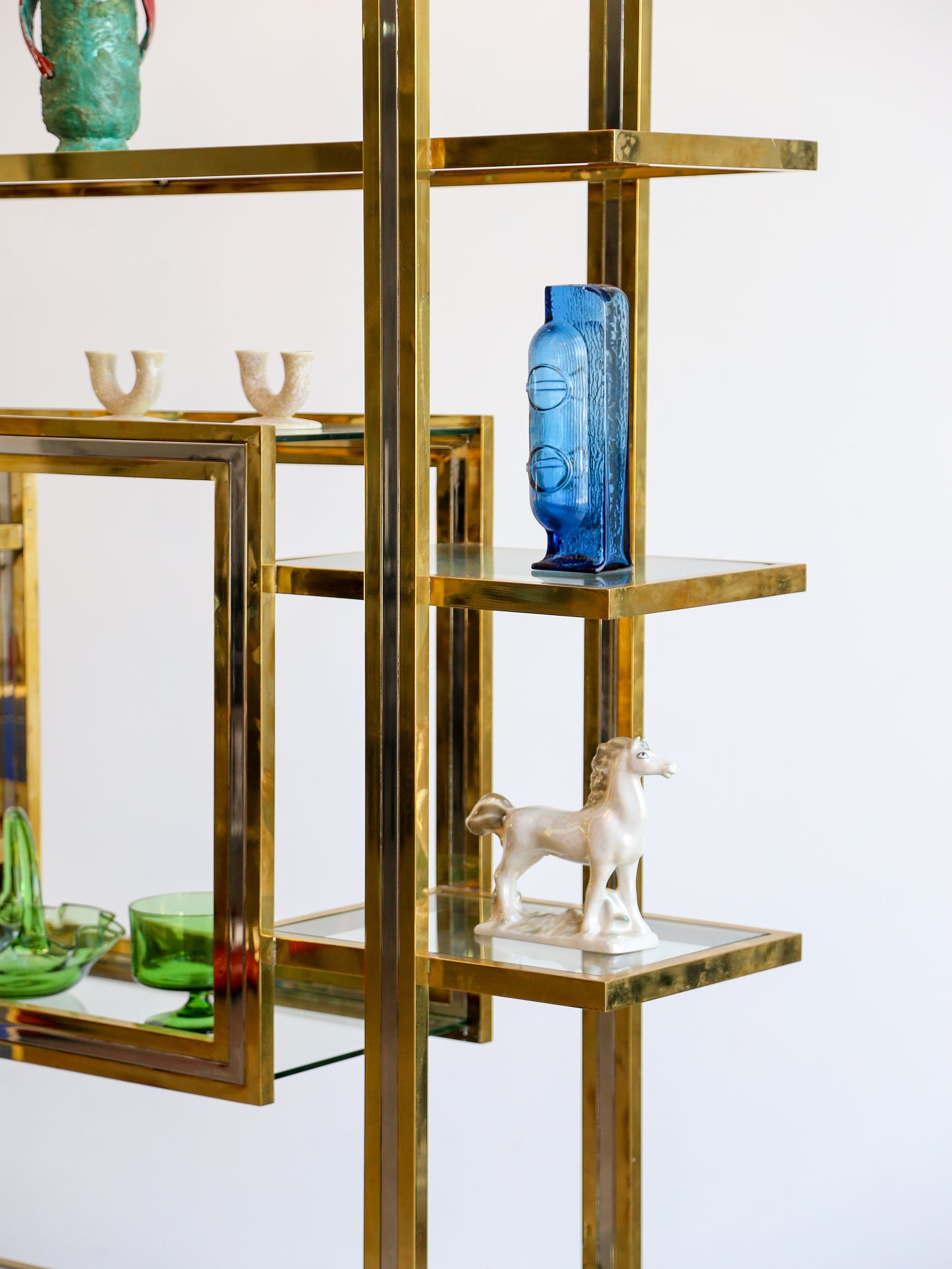 Romeo Rega Large Standing Brass, Chrome & Glass Bookshelf 1970s