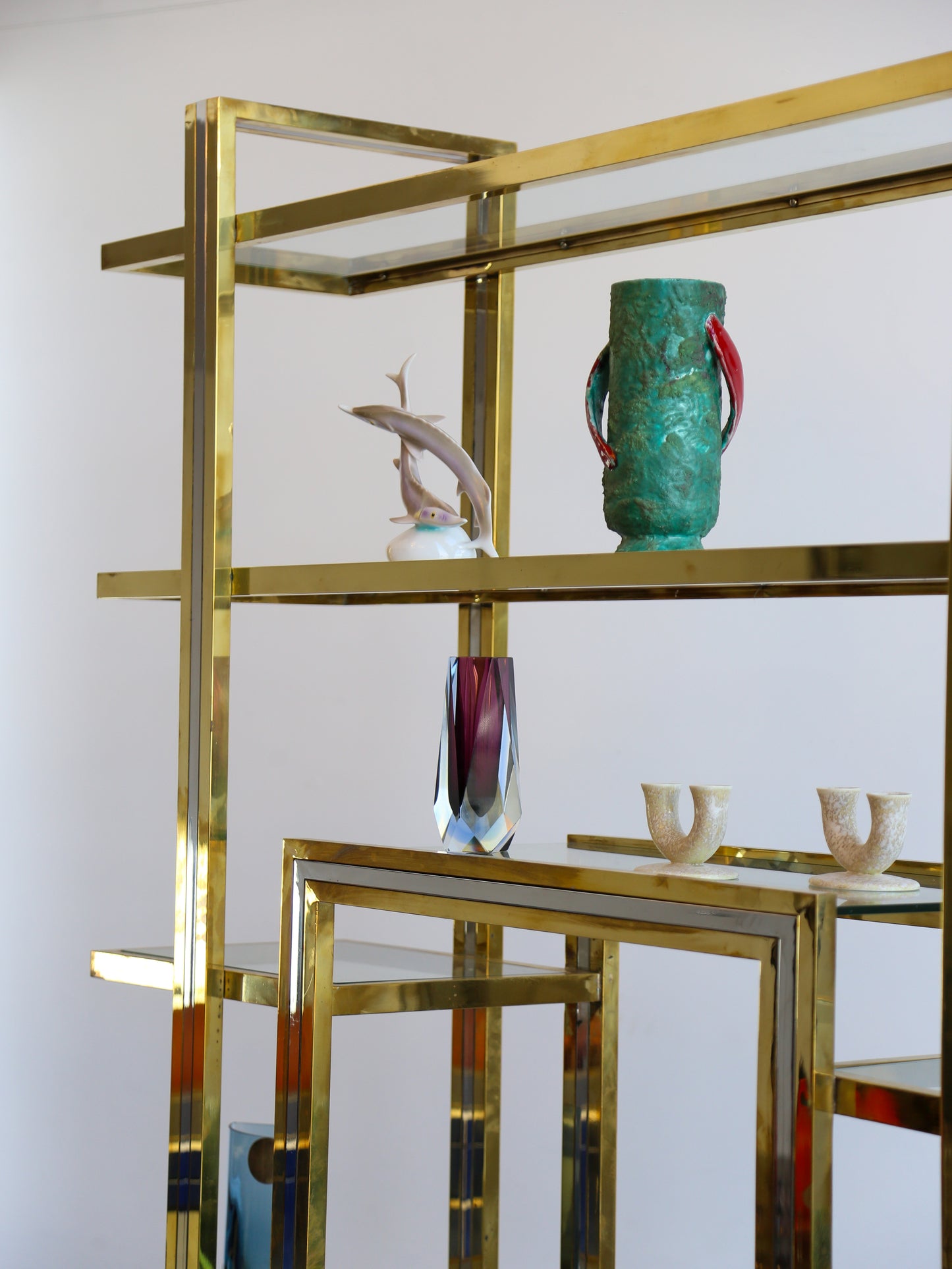 Romeo Rega Large Standing Brass, Chrome & Glass Bookshelf 1970s