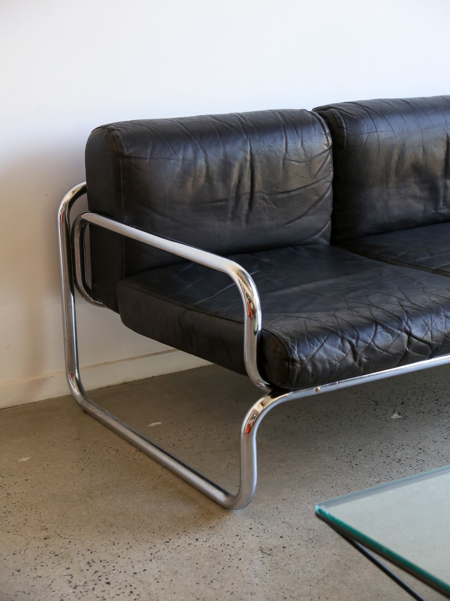 Rodney Kinsman for Omk Three Seat Black Leather Sofa