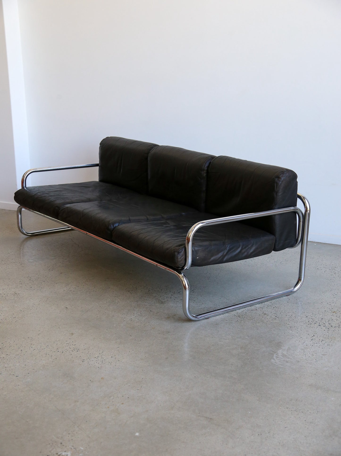 Rodney Kinsman for Omk Three Seat Black Leather Sofa