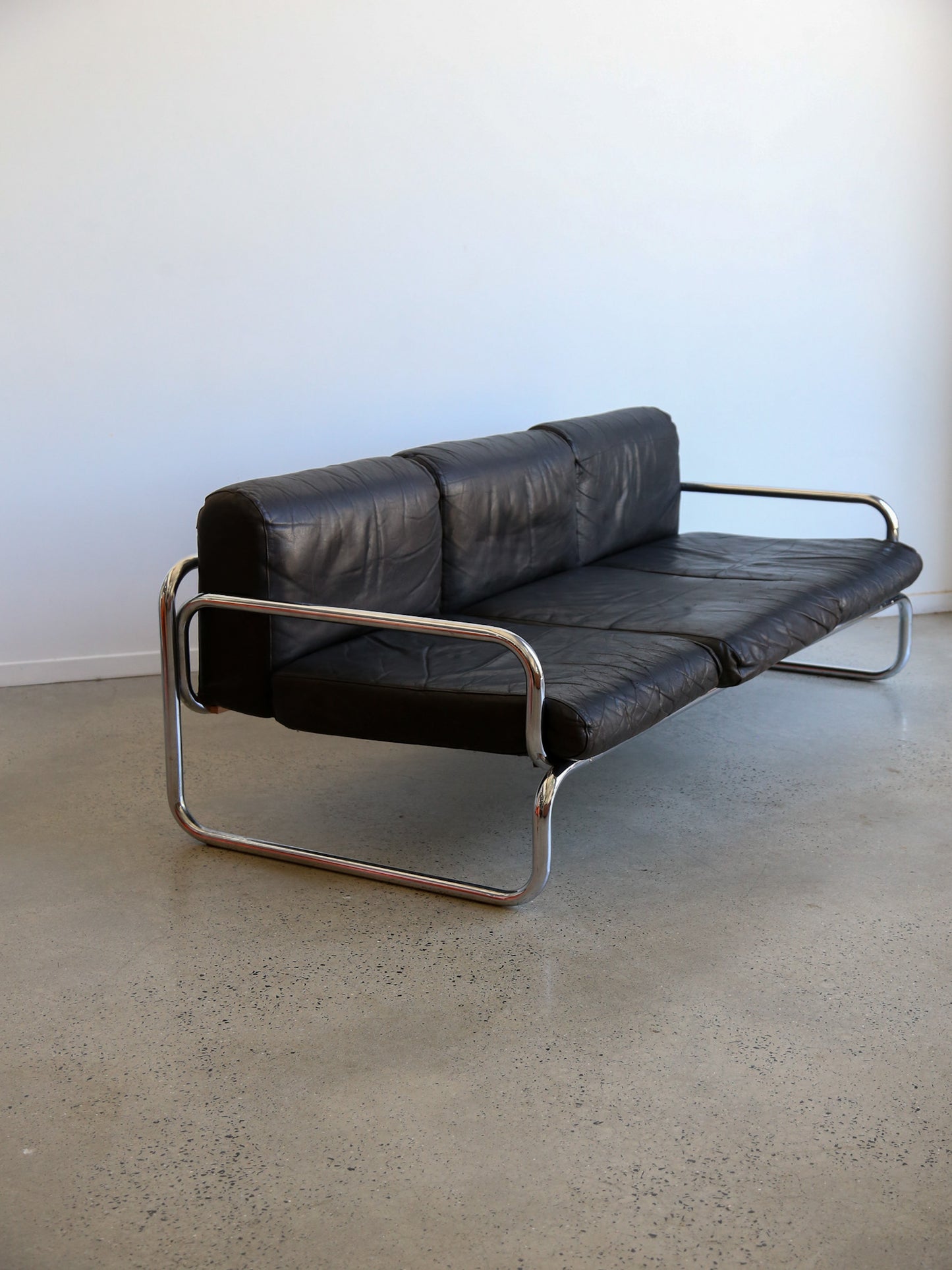 Rodney Kinsman for Omk Three Seat Black Leather Sofa