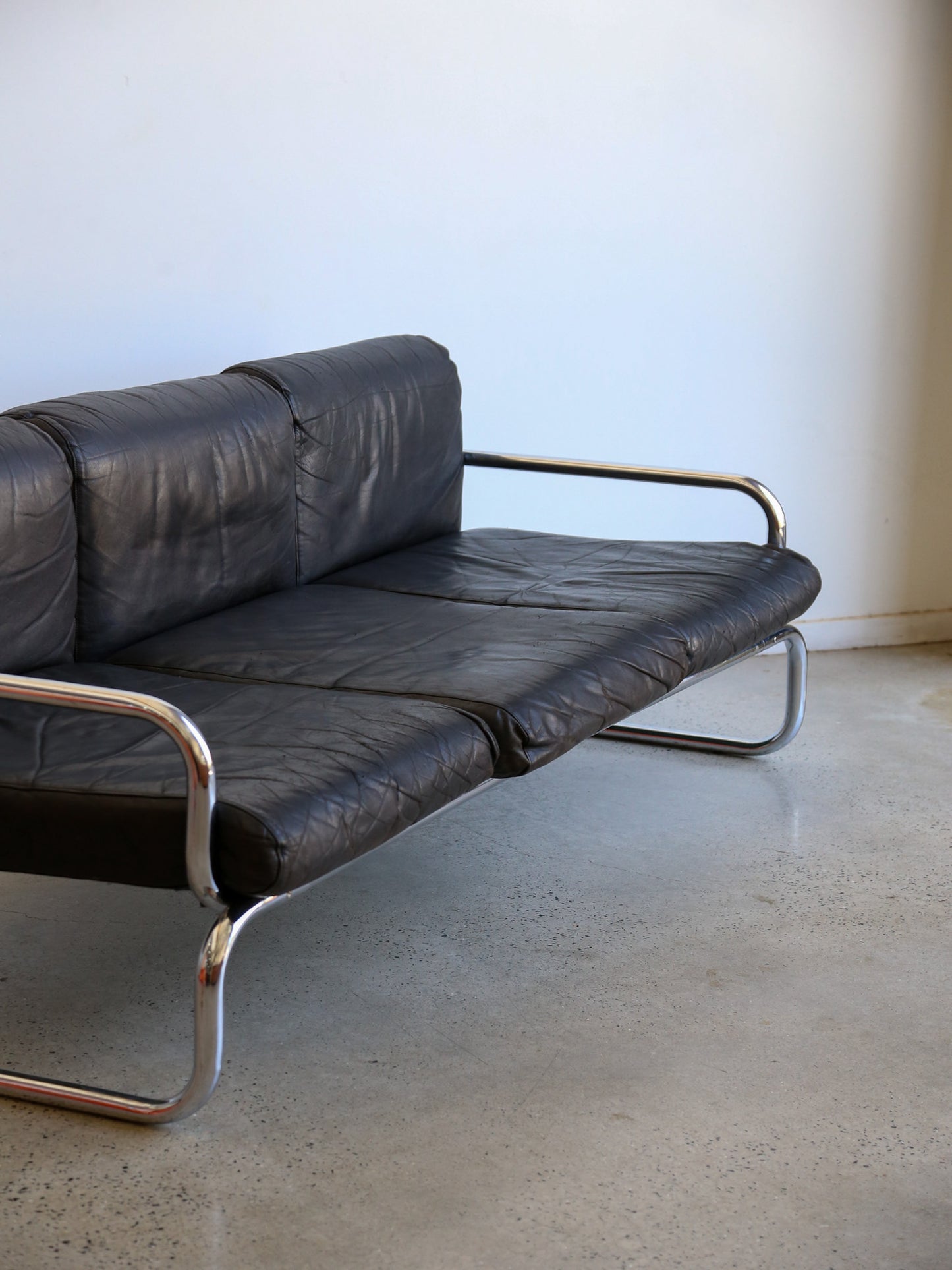 Rodney Kinsman for Omk Three Seat Black Leather Sofa