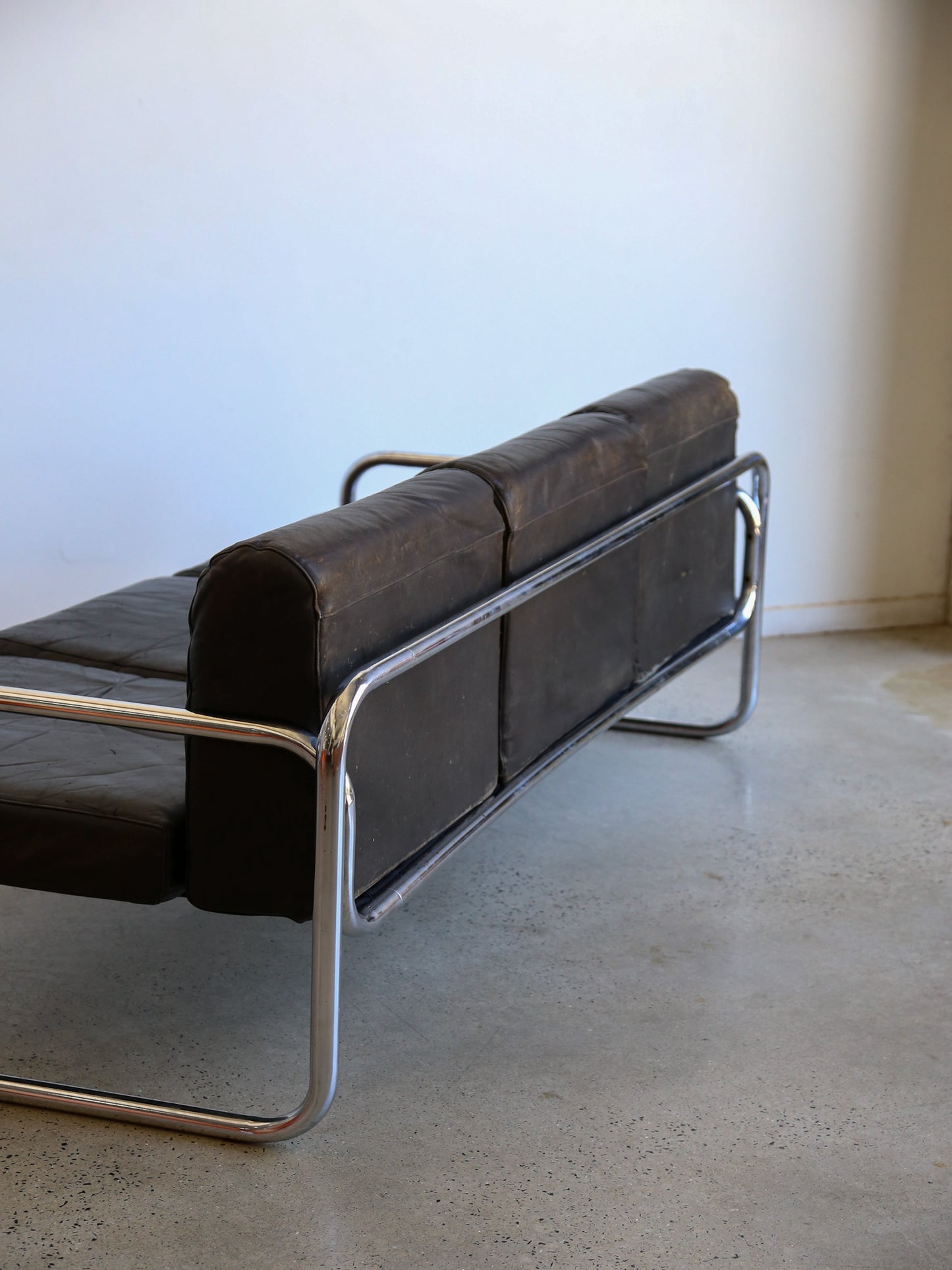 Rodney Kinsman for Omk Three Seat Black Leather Sofa