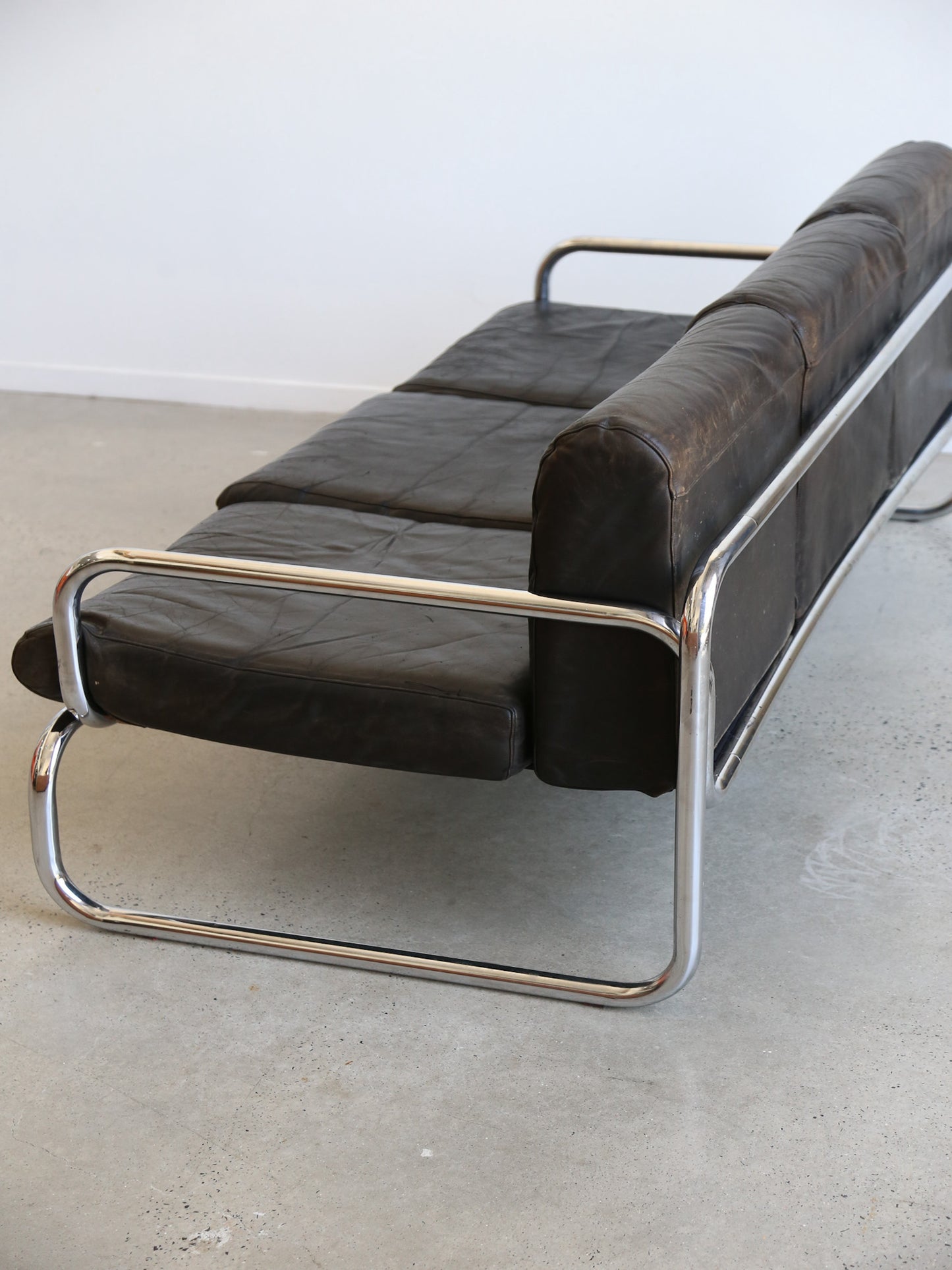 Rodney Kinsman for Omk Three Seat Black Leather Sofa