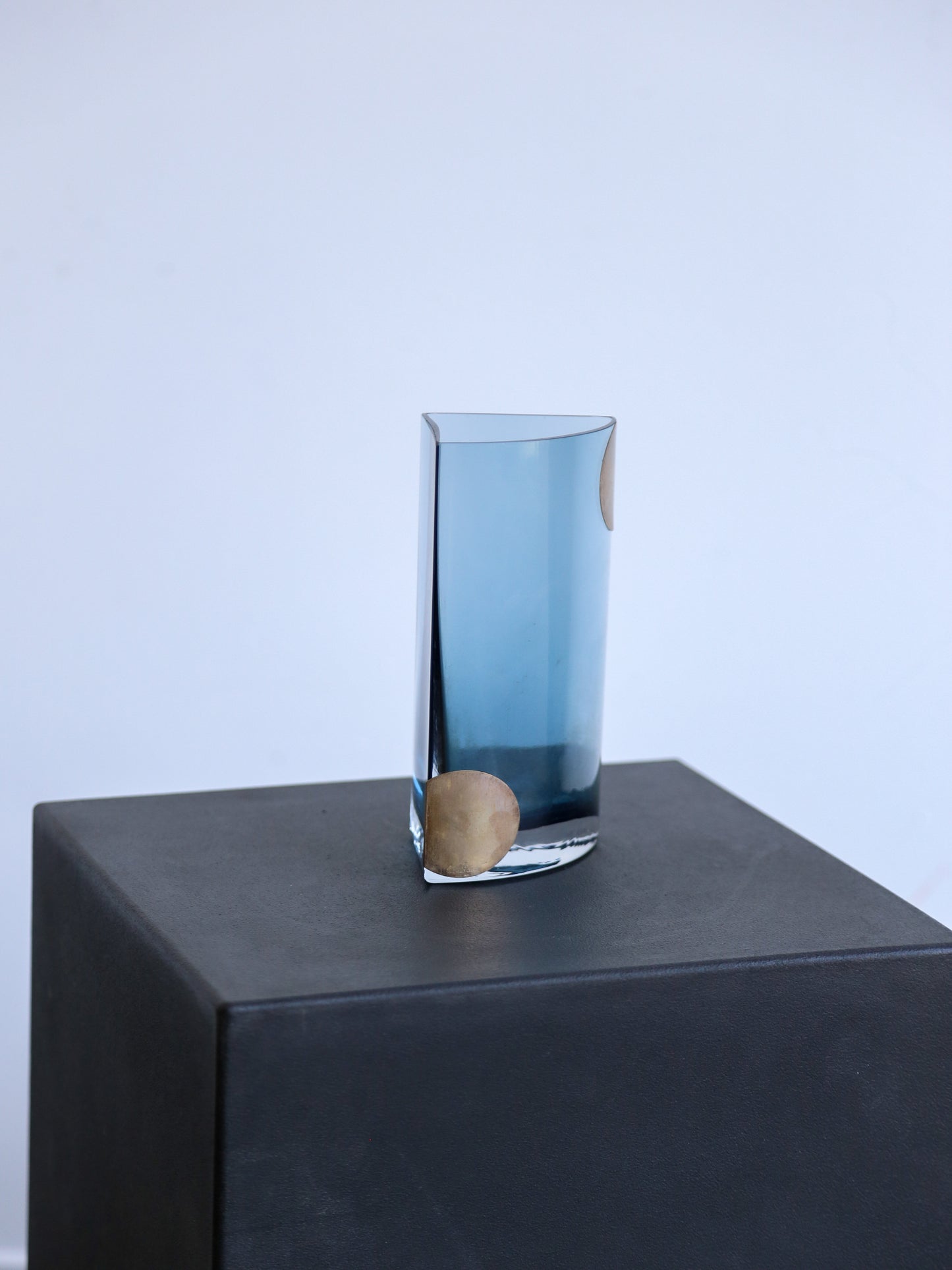 Mid Century Modern Blue Smoked Glass & Silver Plates Vase