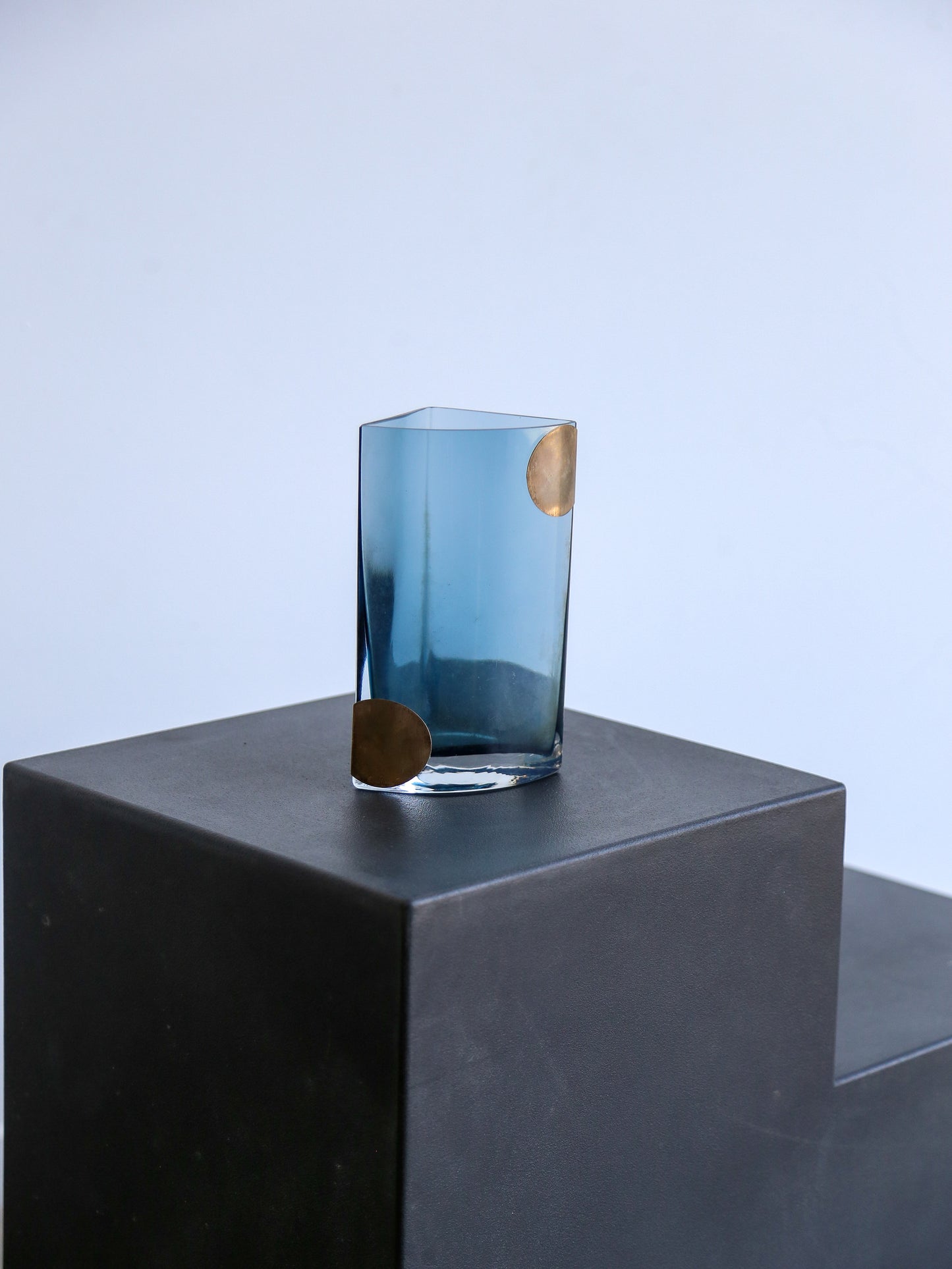 Mid Century Modern Blue Smoked Glass & Silver Plates Vase