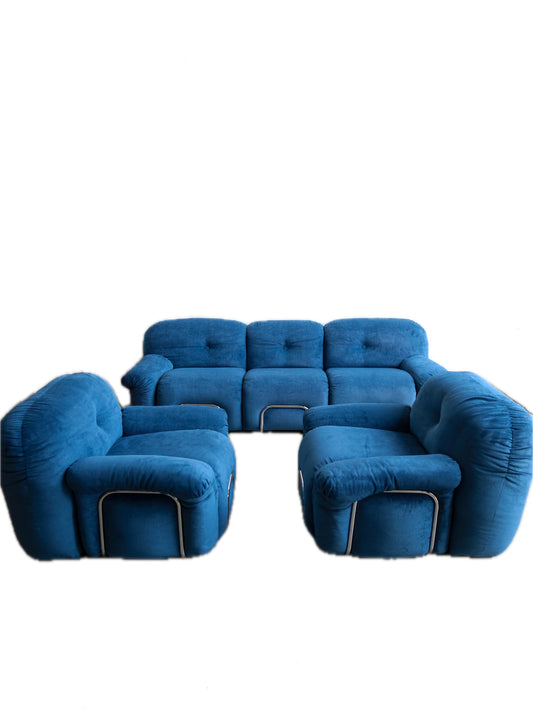 Adriano Pizzesi Sofa Set in Marine Blue Velvet and Chrome Frame