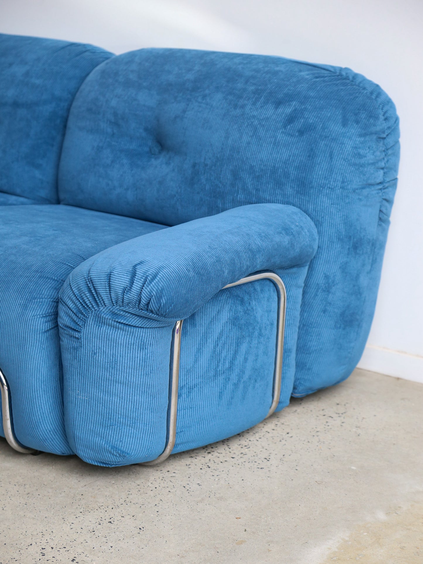 Adriano Piazzesi Sofa in Blue Marine Velvet and Chrome Frame