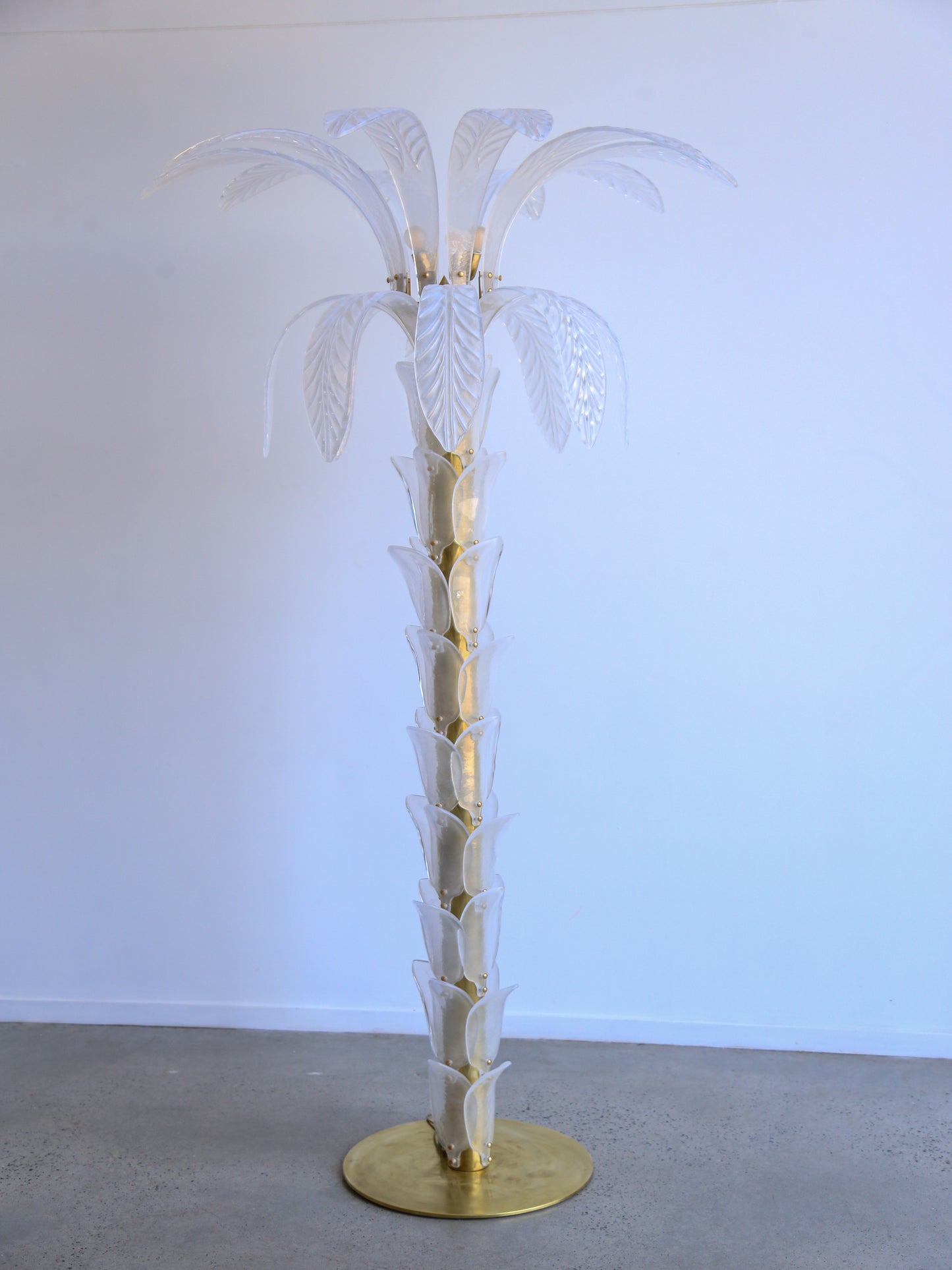 Contemporary Large White Murano Glass & Brass Floor Palm Lamp