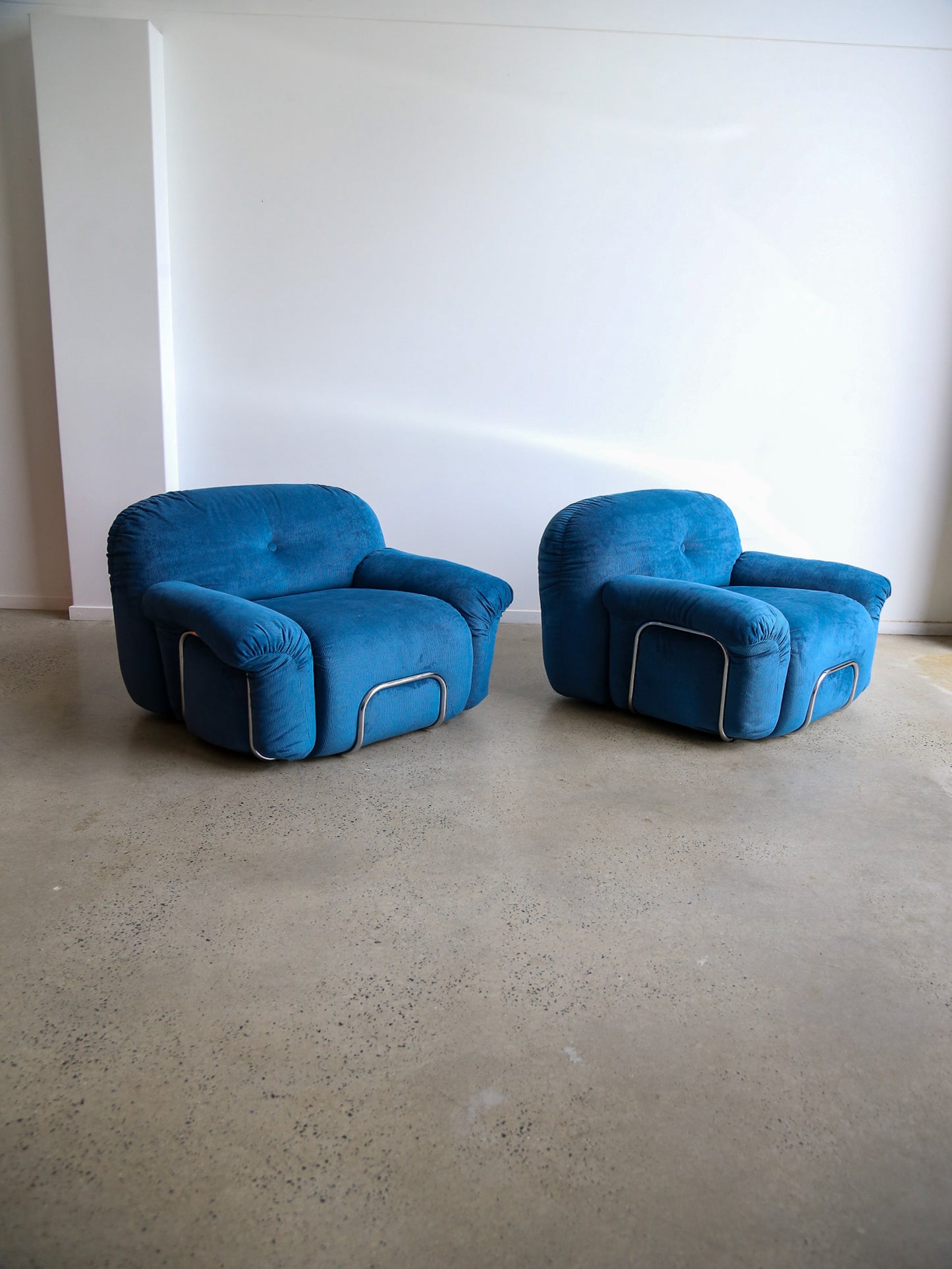 Adriano Piazzesi Armchairs in Blue Marine Velvet and Chrome Frame