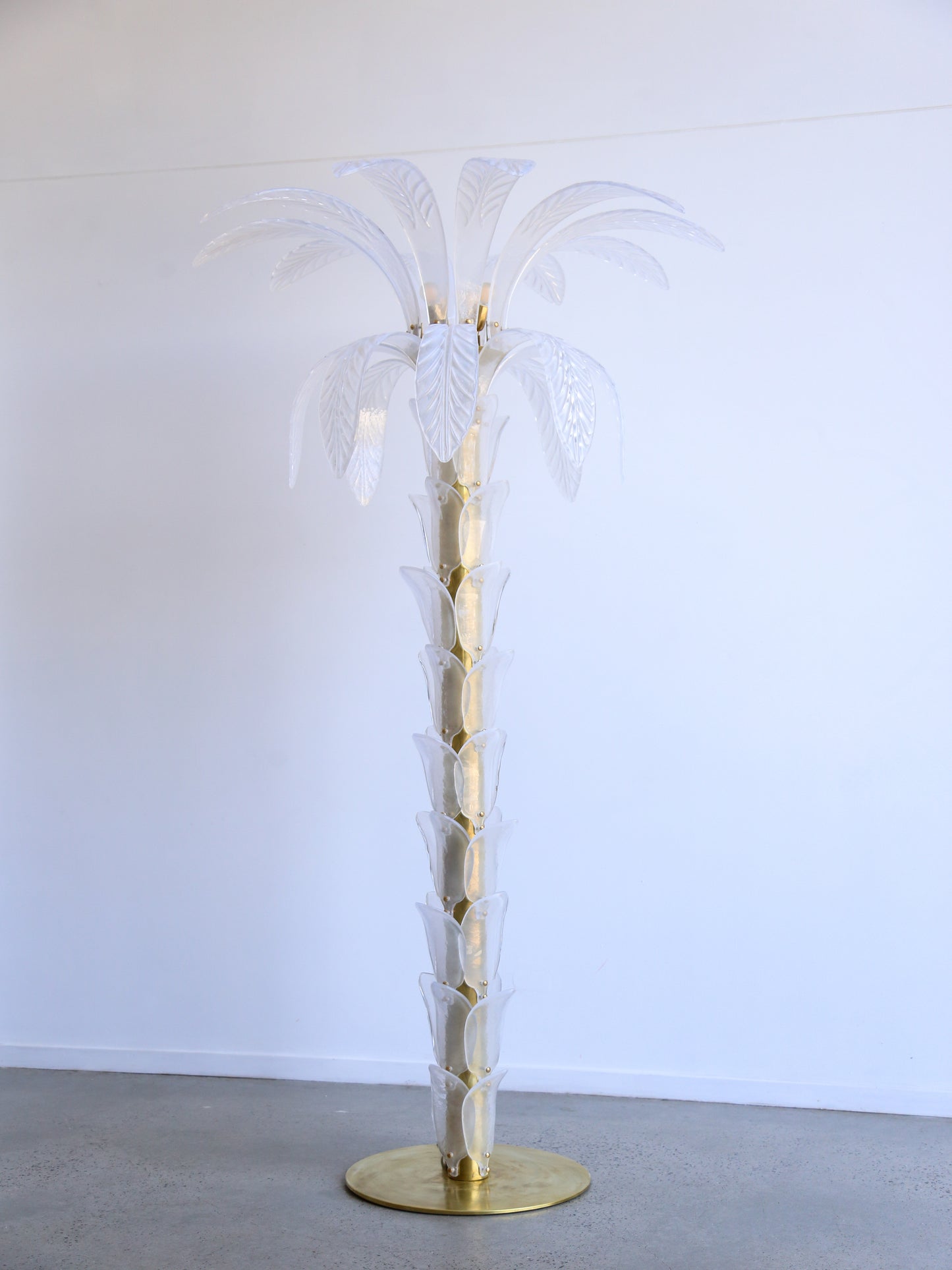 Contemporary Large White Murano Glass & Brass Floor Palm Lamp