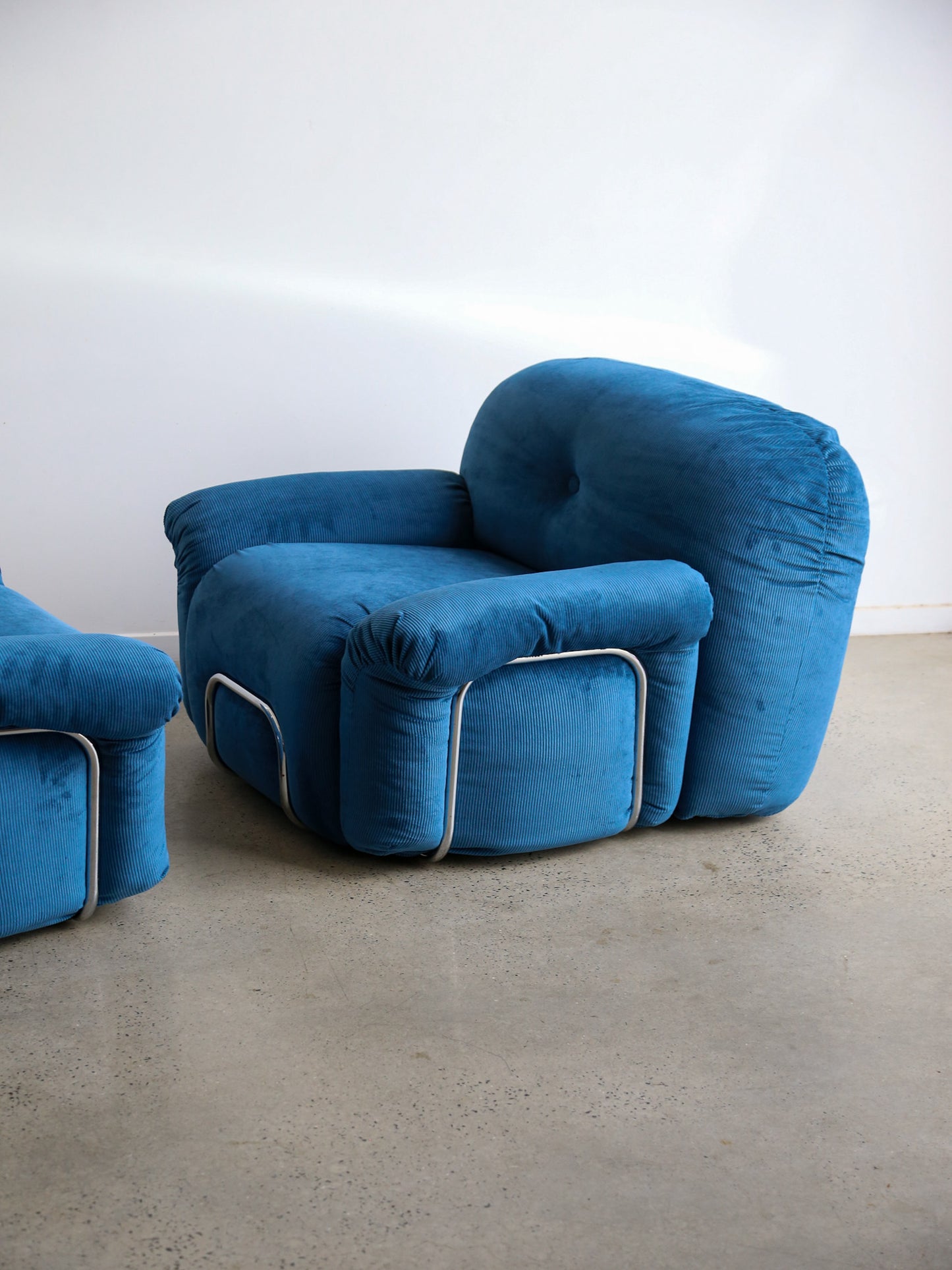 Adriano Piazzesi Armchairs in Blue Marine Velvet and Chrome Frame