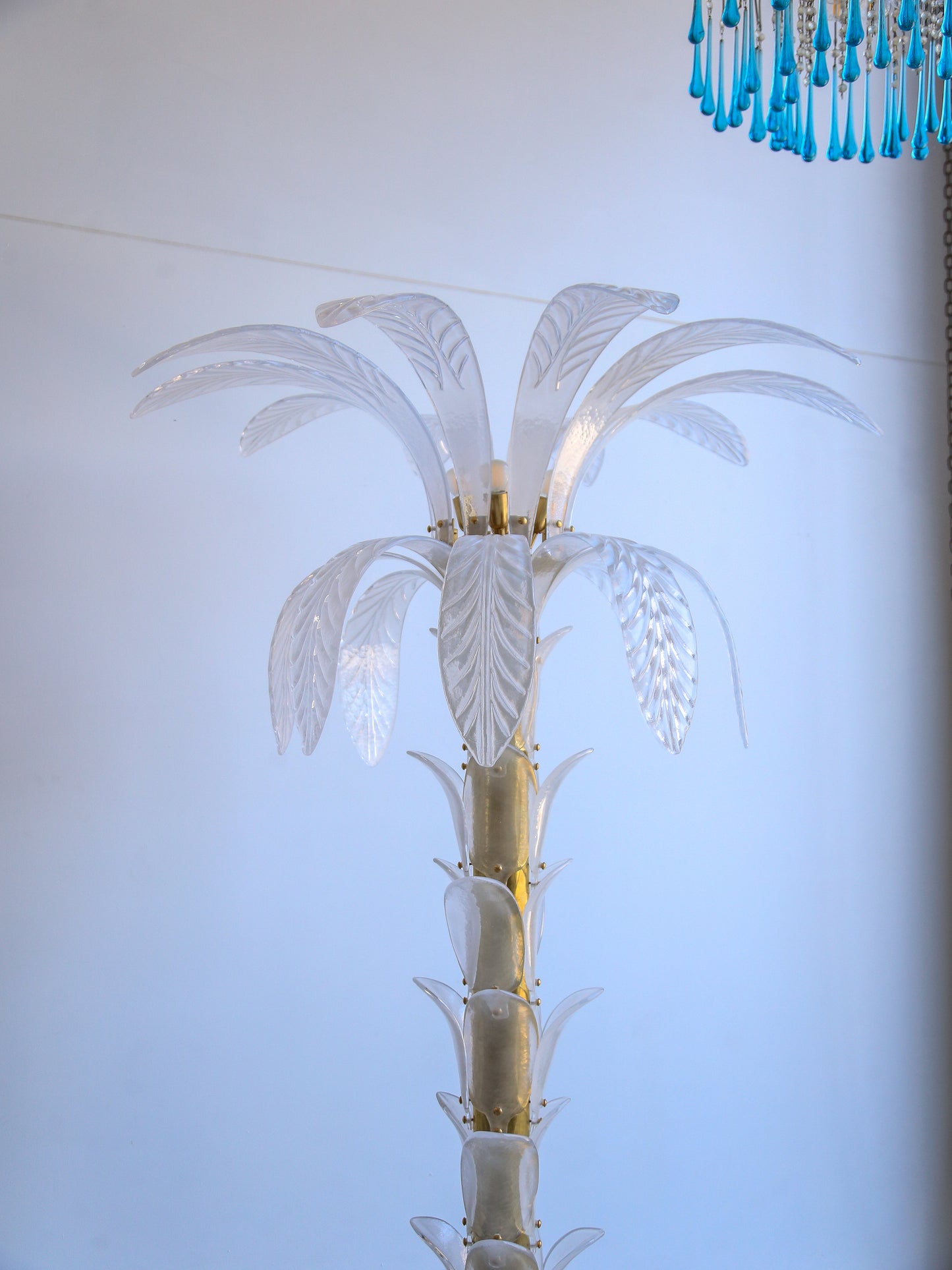 Contemporary Large White Murano Glass & Brass Floor Palm Lamp