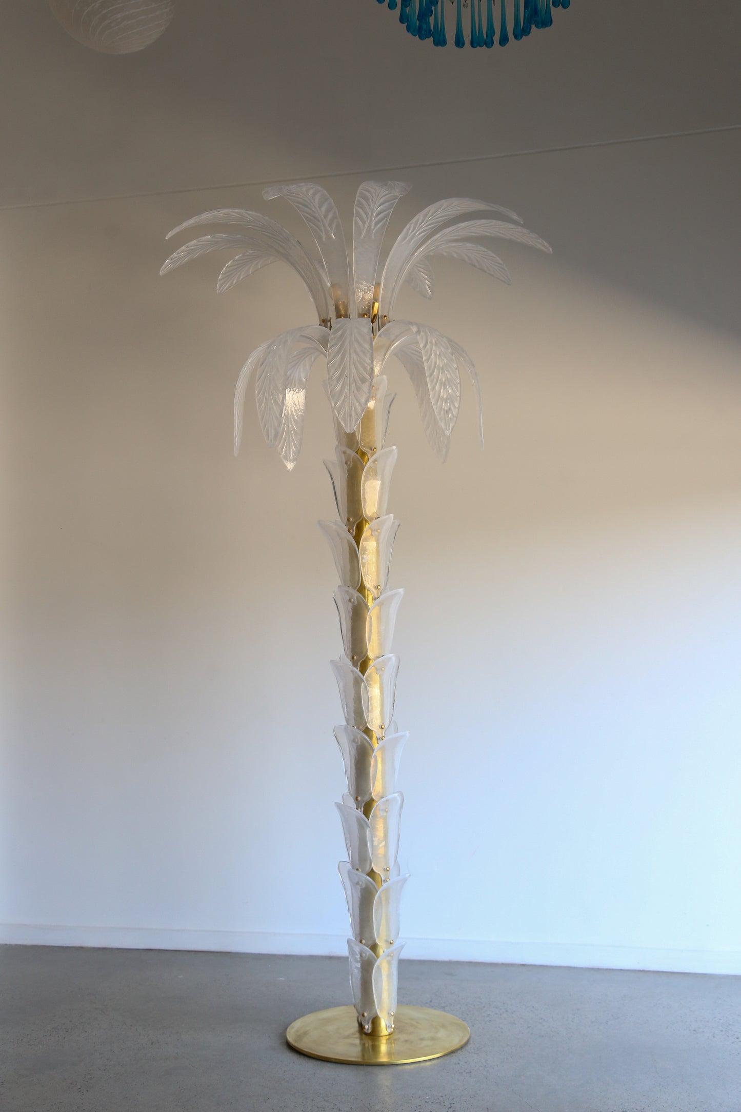 Contemporary Large White Murano Glass & Brass Floor Palm Lamp