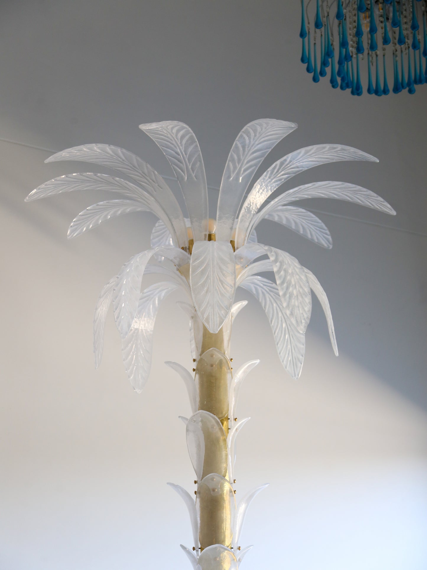 Contemporary Large White Murano Glass & Brass Floor Palm Lamp