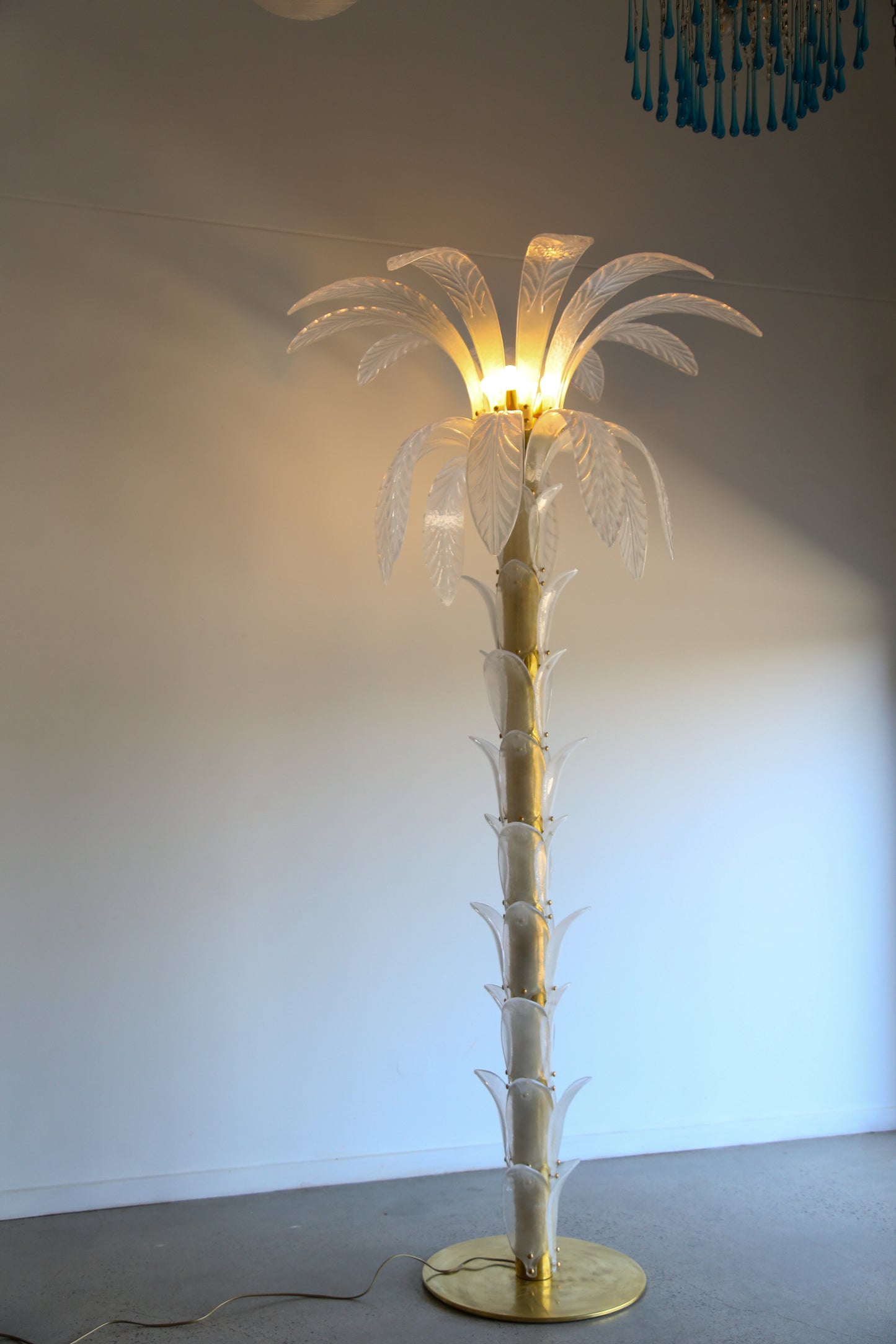 Contemporary Large White Murano Glass & Brass Floor Palm Lamp