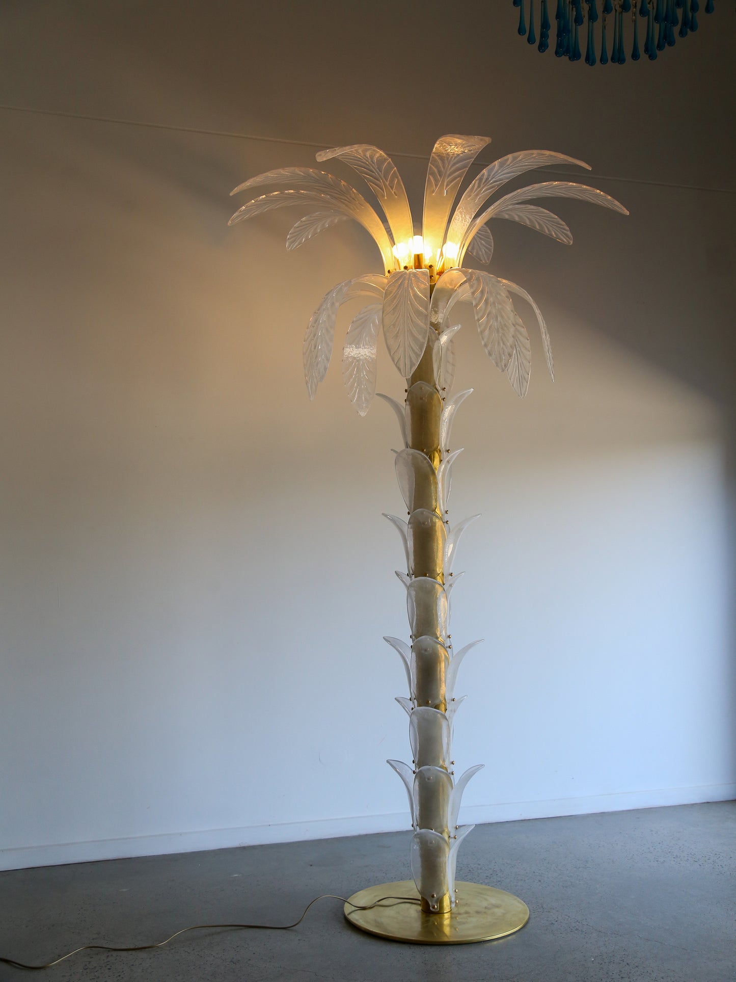 Contemporary Large White Murano Glass & Brass Floor Palm Lamp