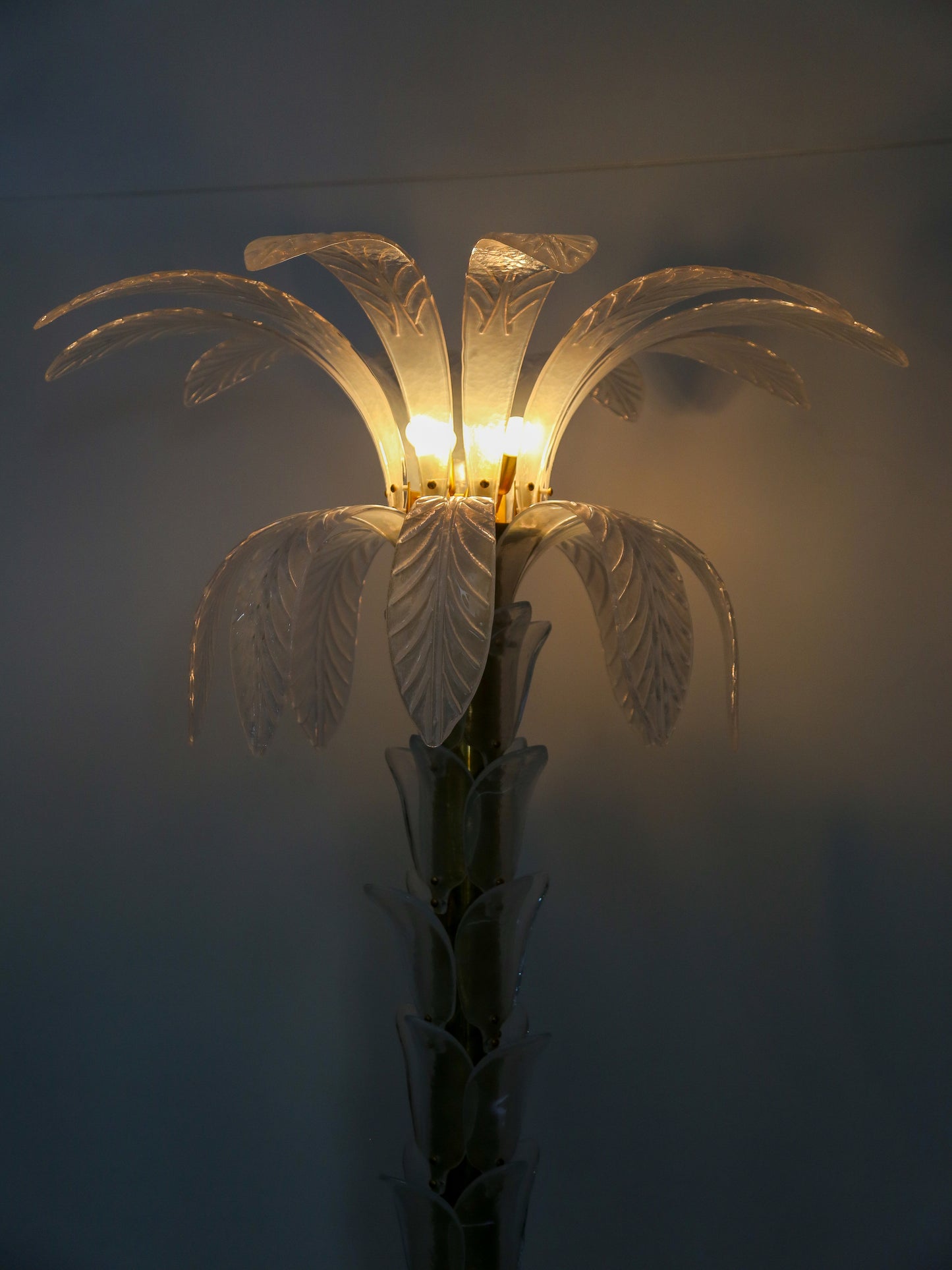 Contemporary Large White Murano Glass & Brass Floor Palm Lamp