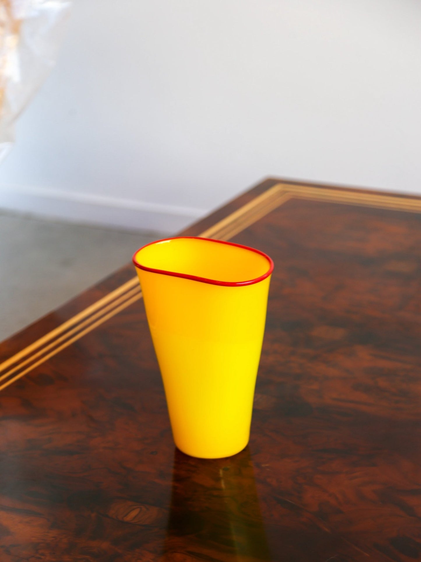 Murano Yellow Opaline Glass Vase with Red Rim, Italy 1970s - Lumini Collections