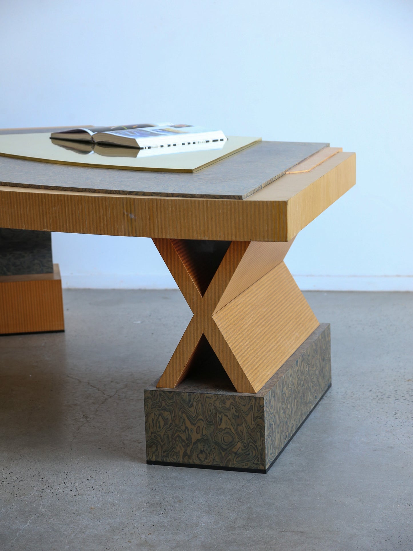 Memphis Style Desk in Wood and Brass 1980s