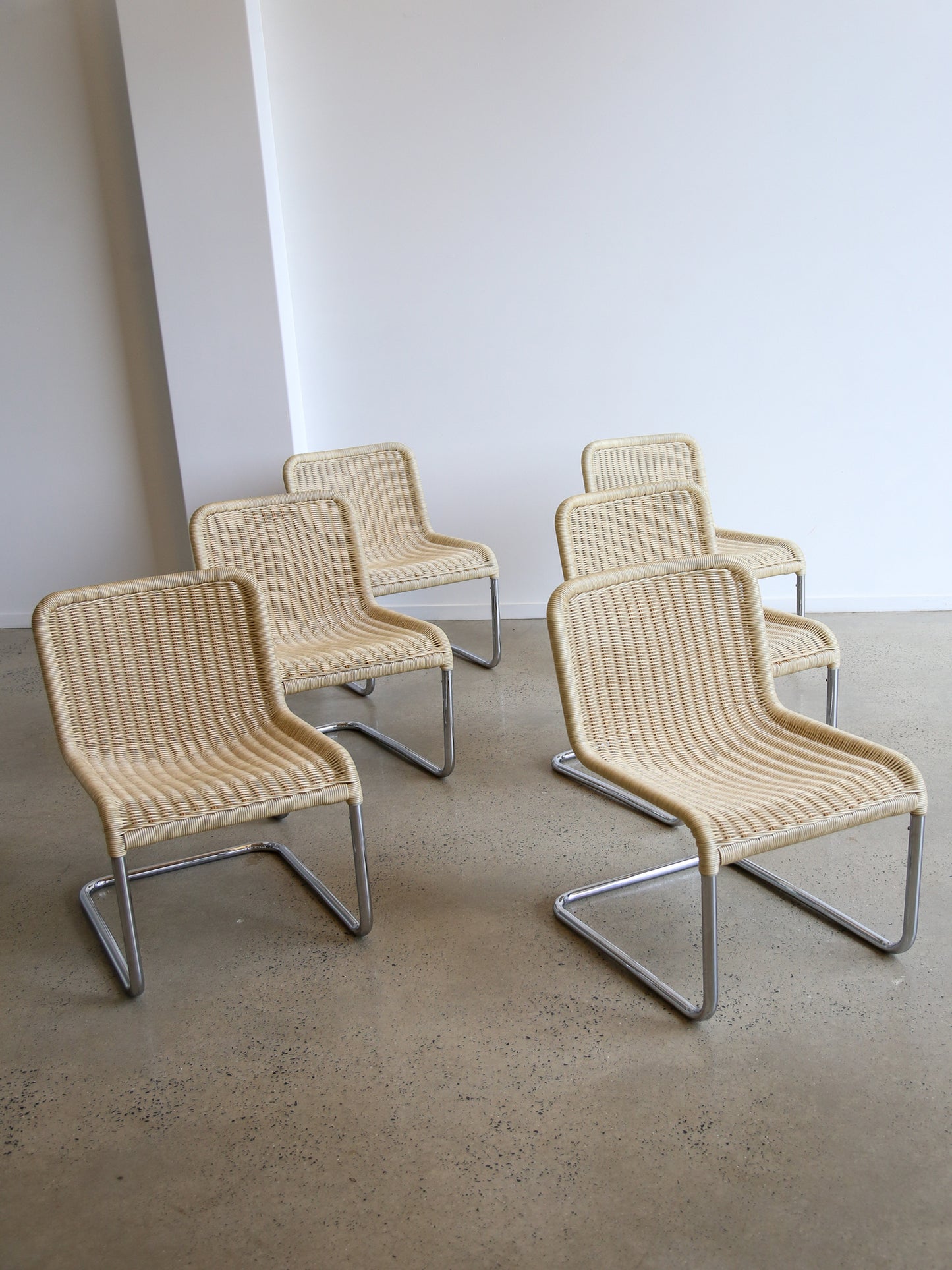 Set of Six Dining Chairs by A.Lorenz for Tecta in Chrome & Rattan