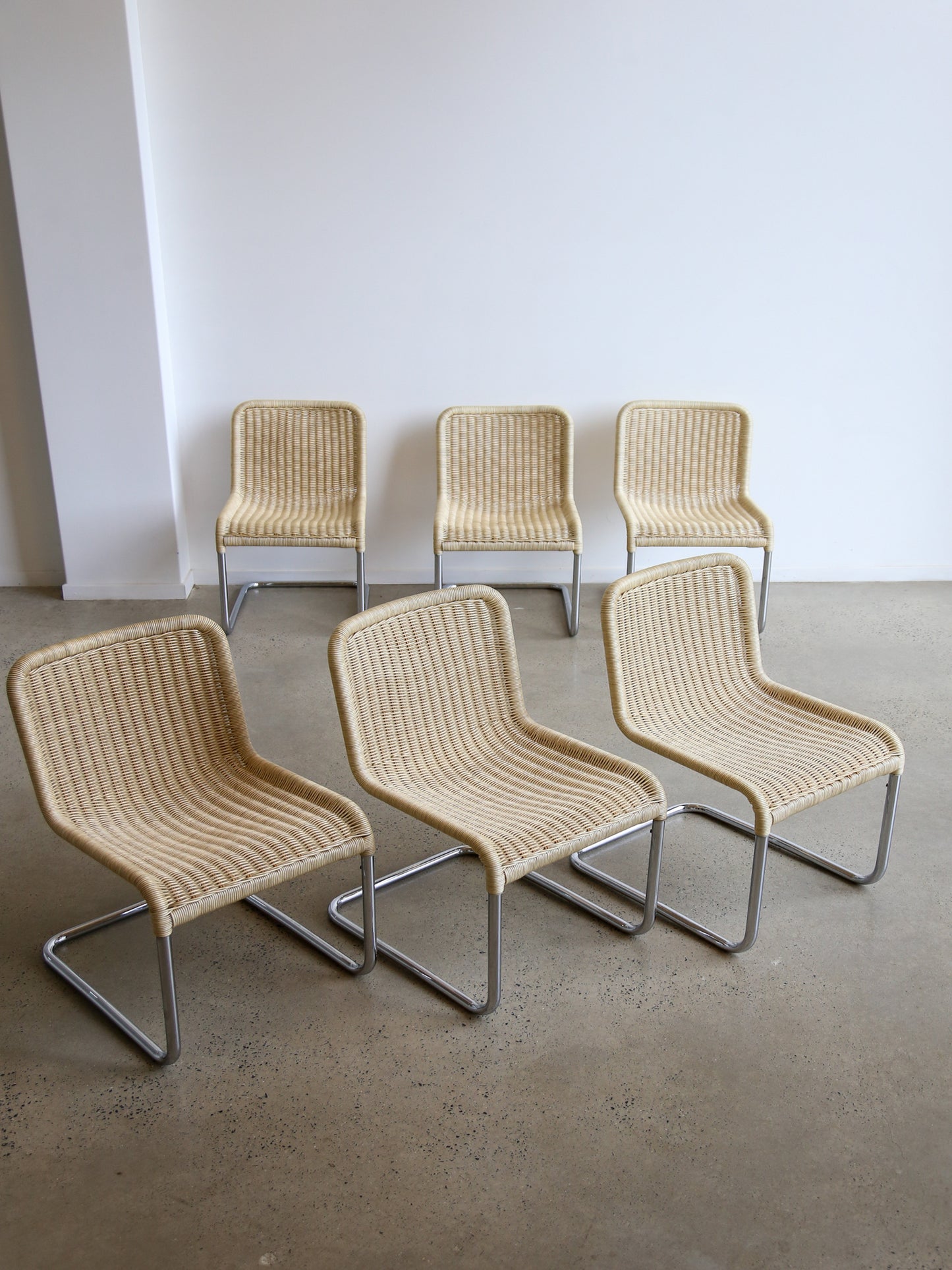 Set of Six Dining Chairs by A.Lorenz for Tecta in Chrome & Rattan