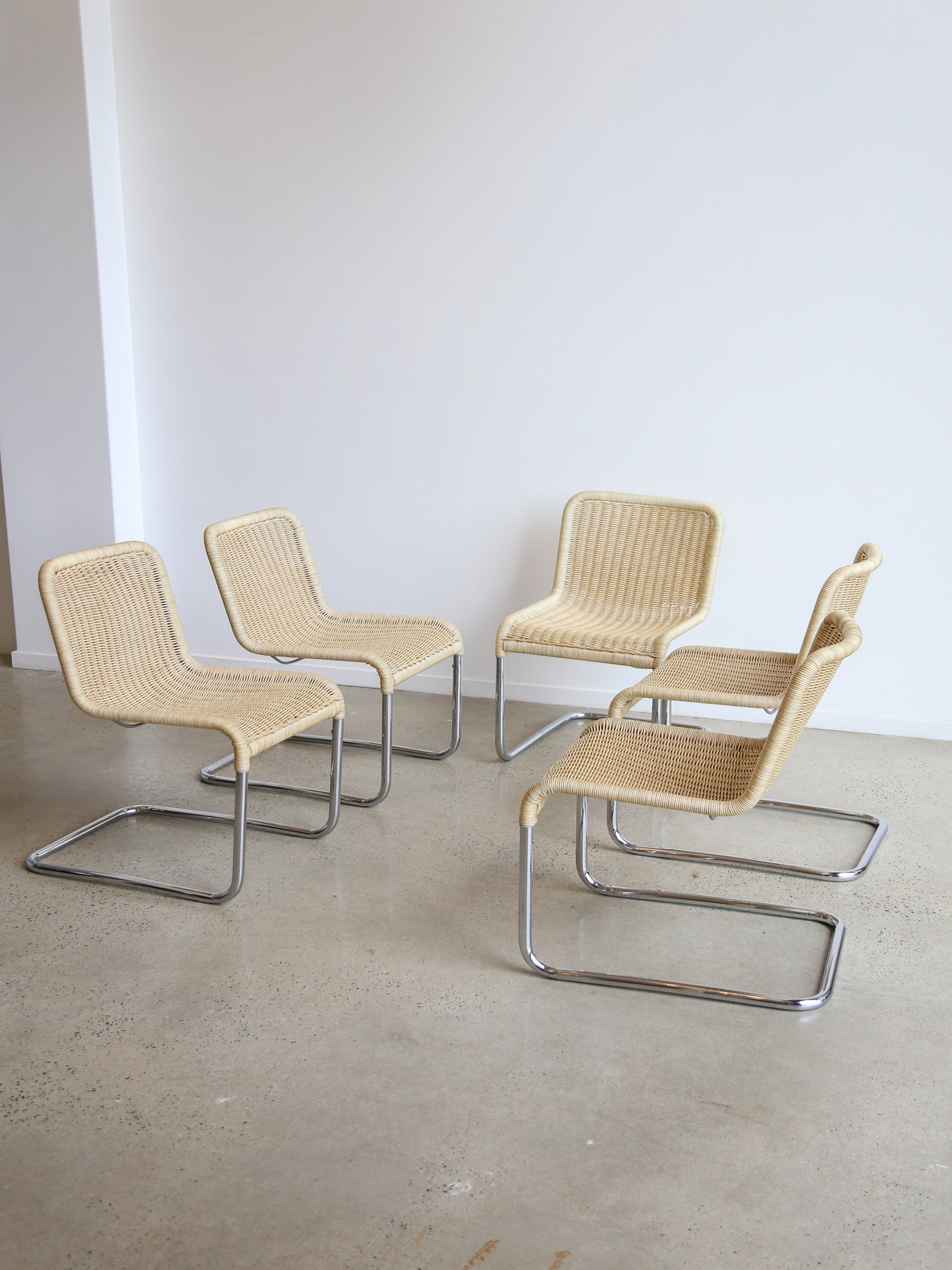 Set of Six Dining Chairs by A.Lorenz for Tecta in Chrome & Rattan