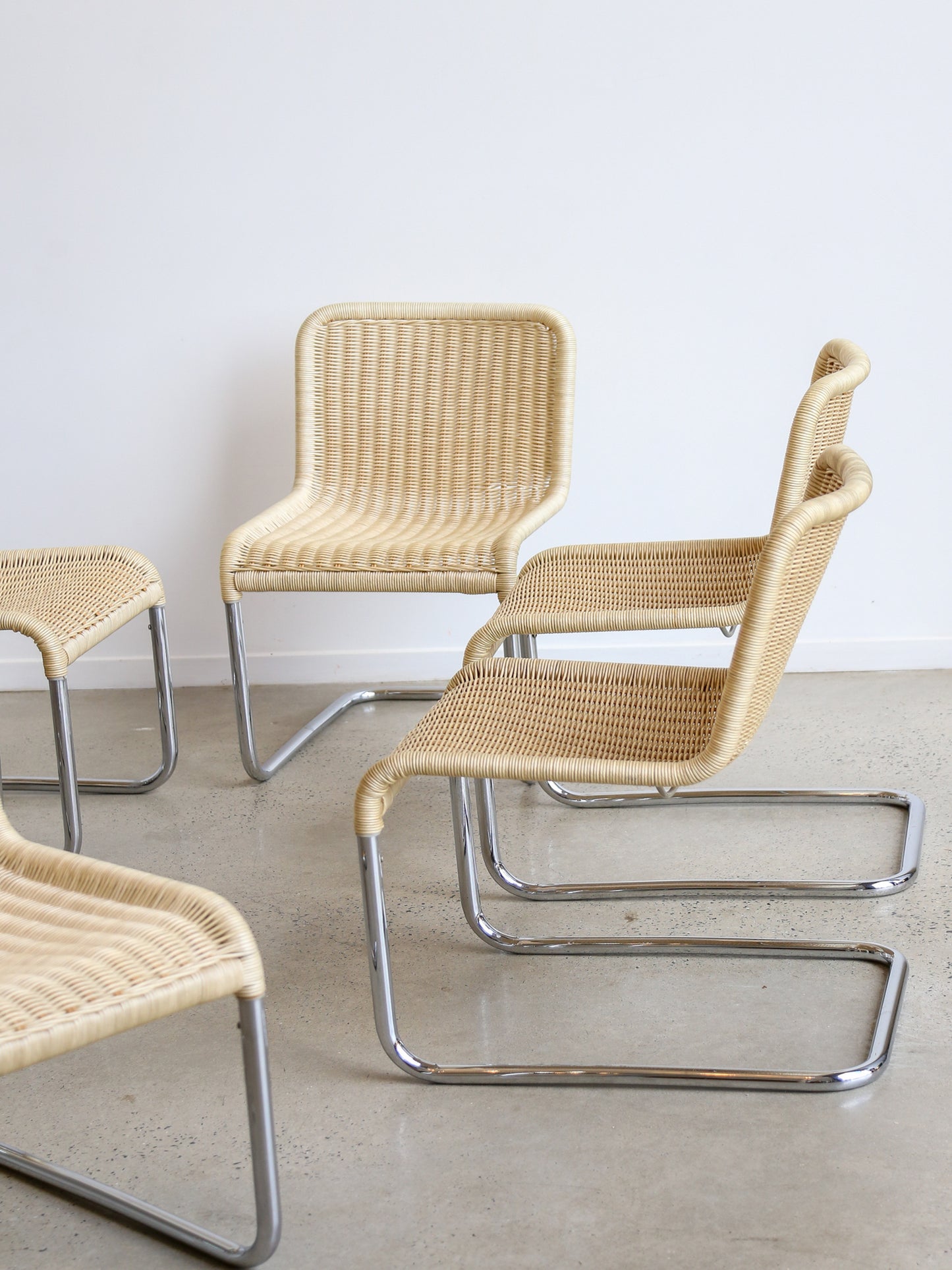 Set of Six Dining Chairs by A.Lorenz for Tecta in Chrome & Rattan