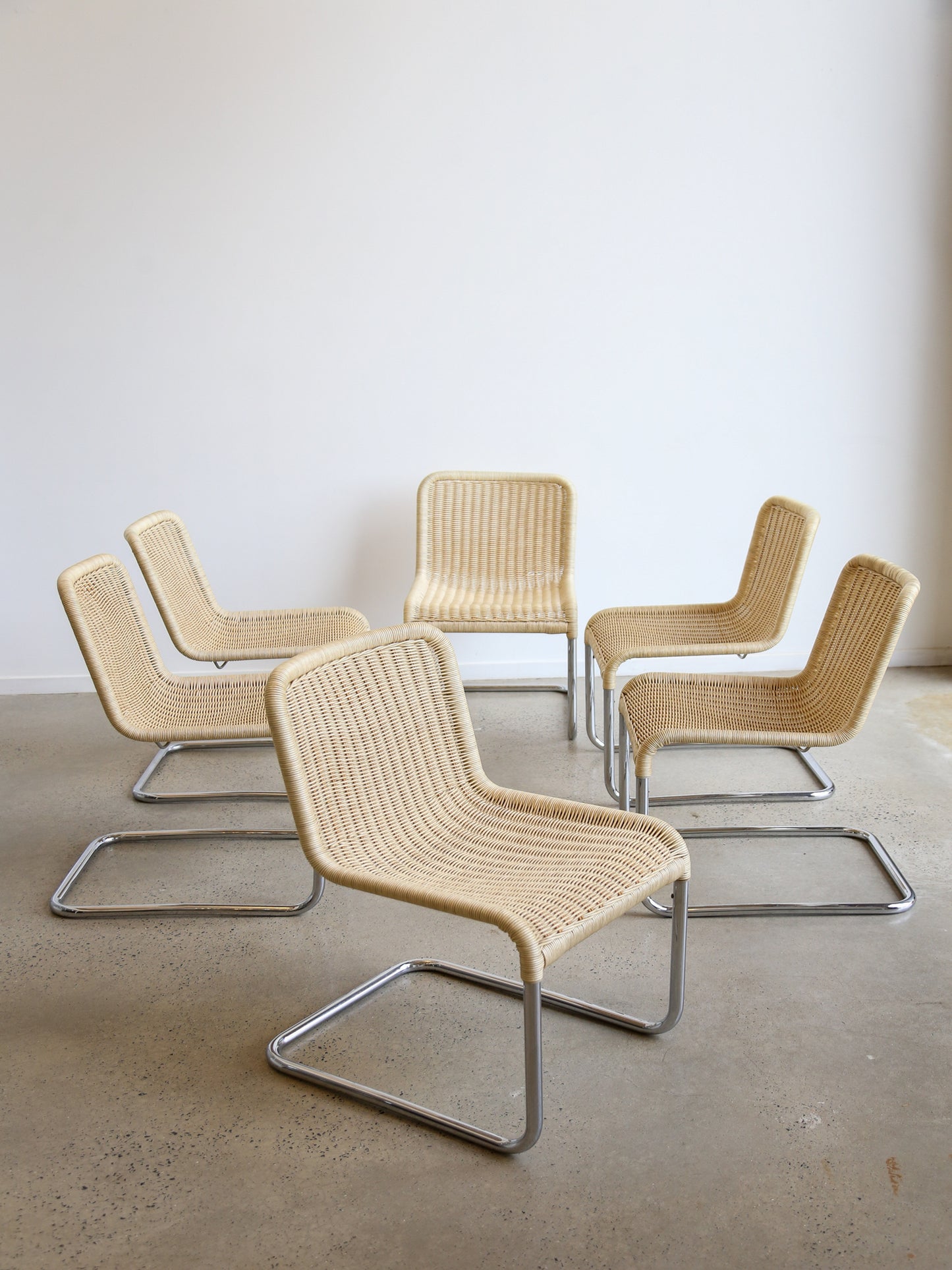 Set of Six Dining Chairs by A.Lorenz for Tecta in Chrome & Rattan