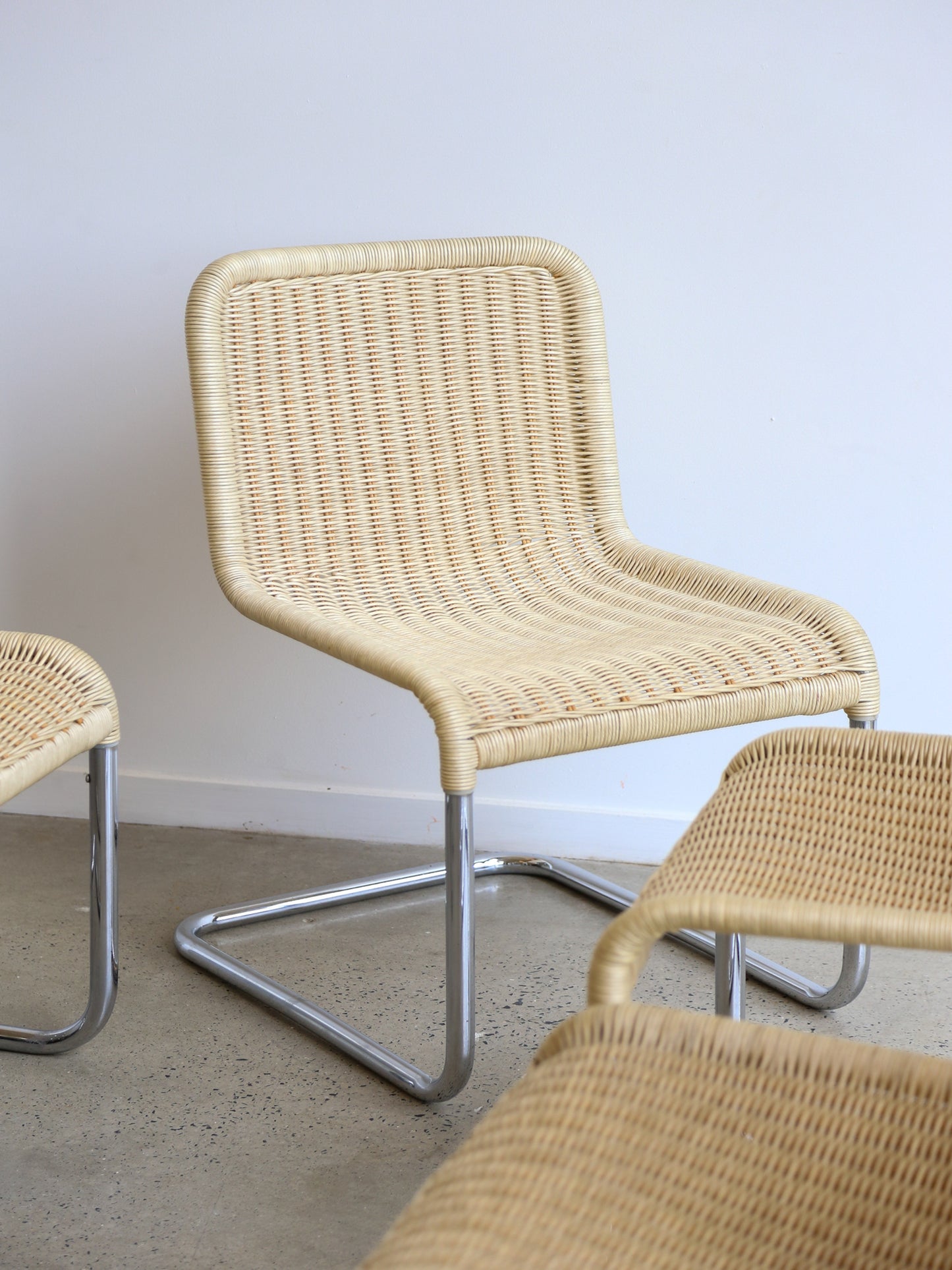 Set of Six Dining Chairs by A.Lorenz for Tecta in Chrome & Rattan