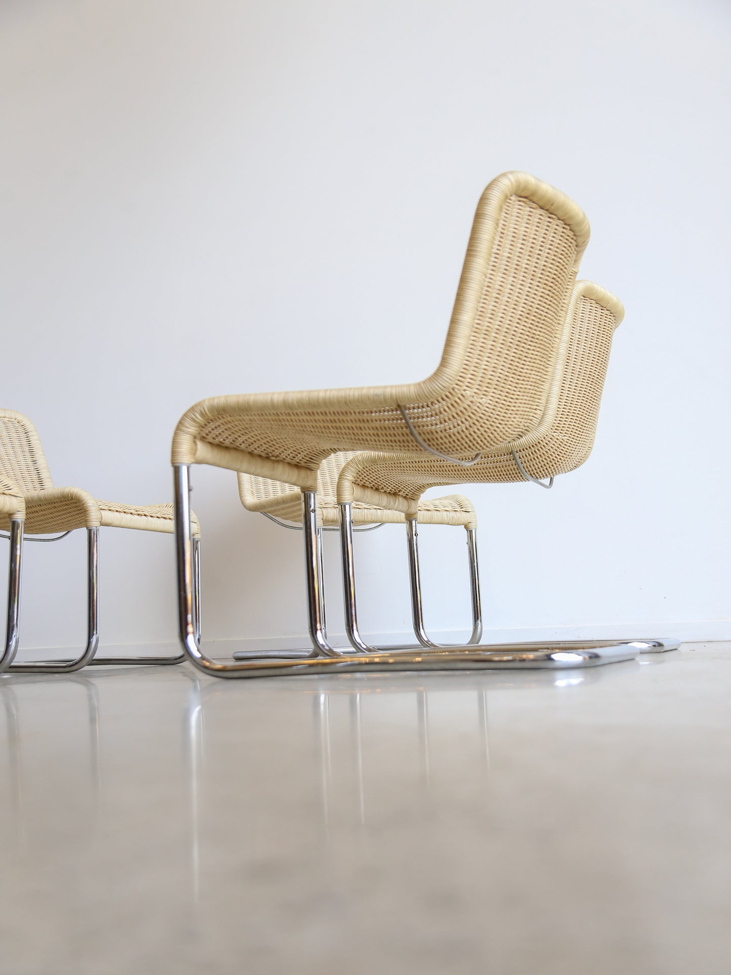 Set of Six Dining Chairs by A.Lorenz for Tecta in Chrome & Rattan