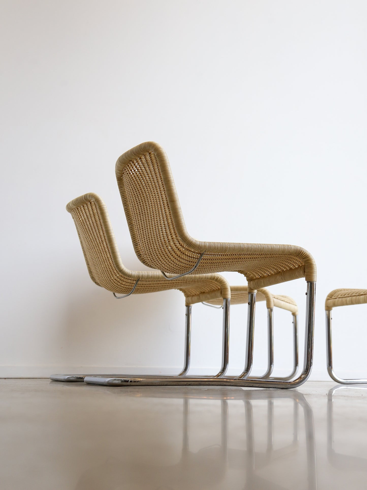 Set of Six Dining Chairs by A.Lorenz for Tecta in Chrome & Rattan