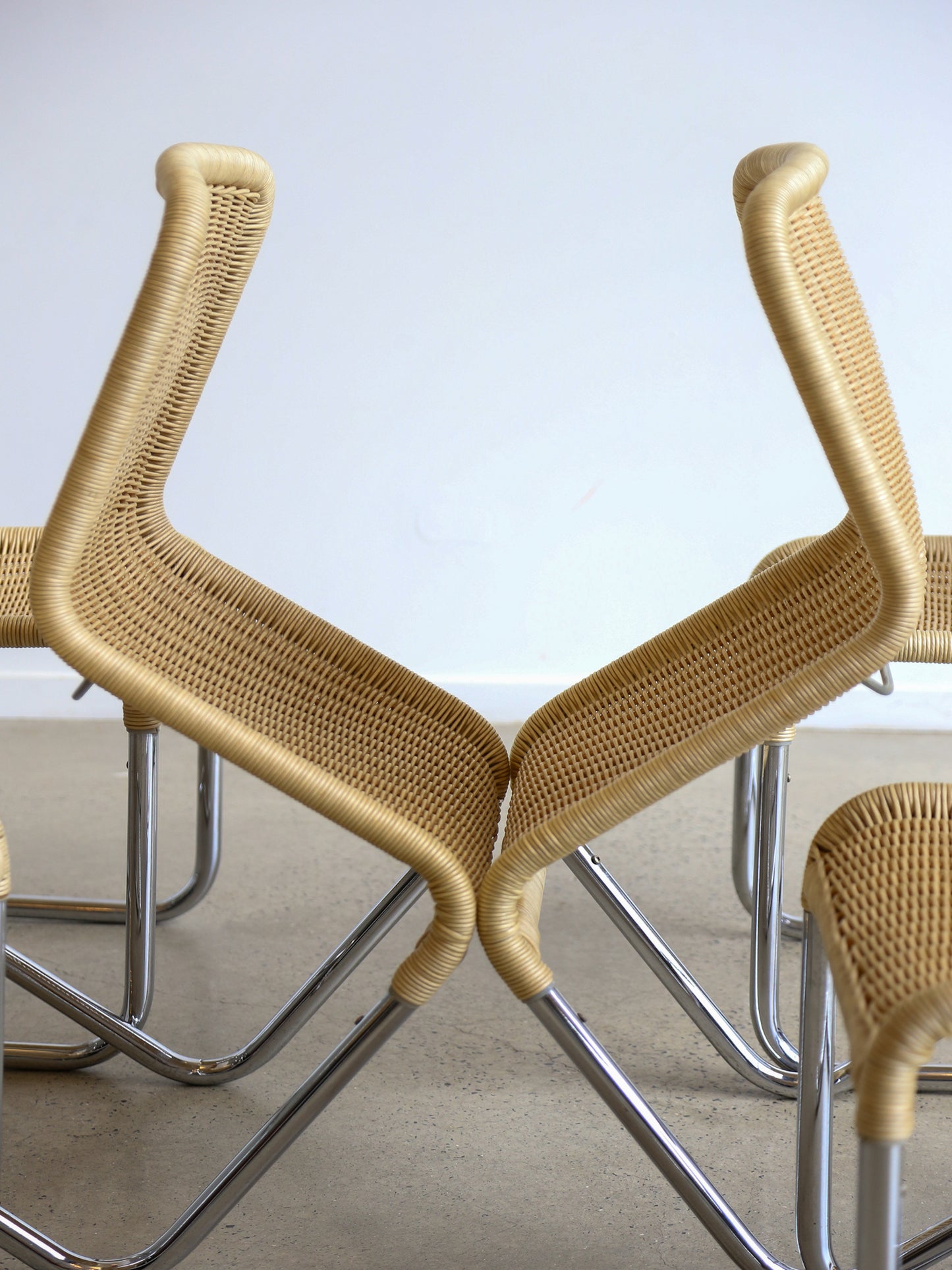 Set of Six Dining Chairs by A.Lorenz for Tecta in Chrome & Rattan
