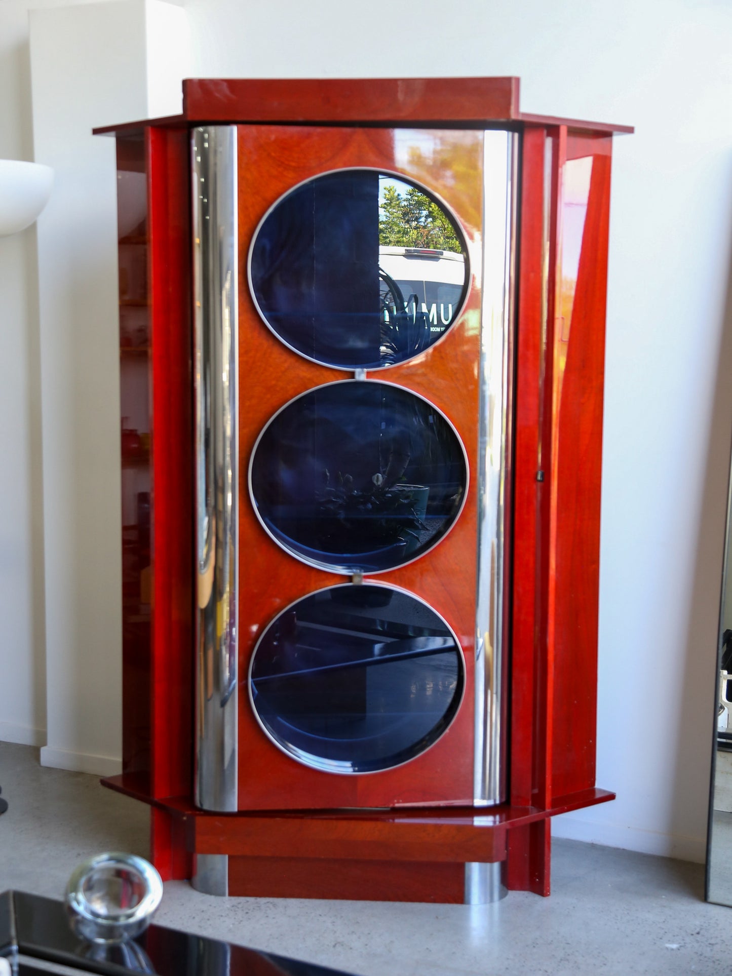 Rotating Dry Bar Cabinet by Willy Rizzo in Wood & Chrome