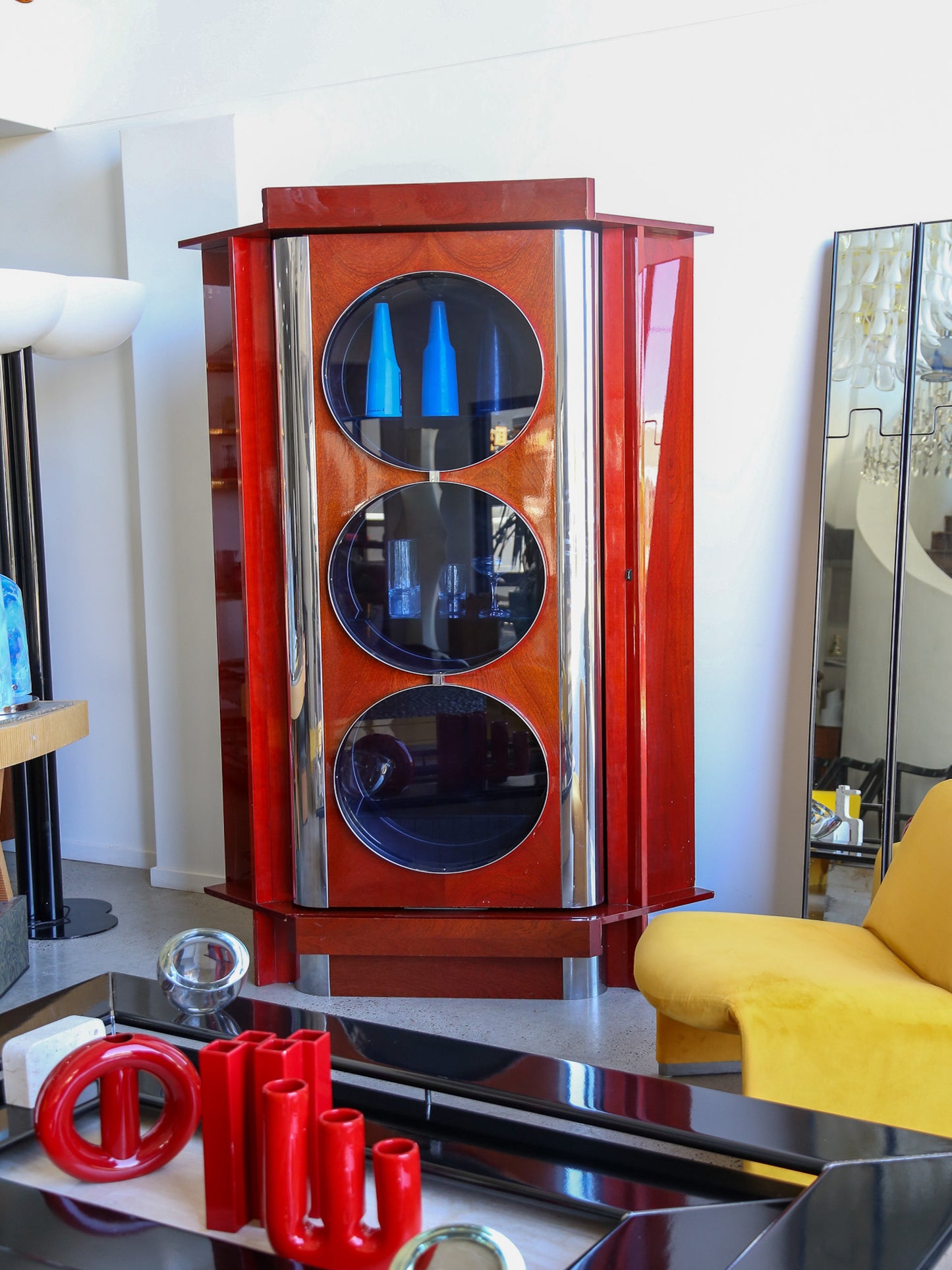 Rotating Dry Bar Cabinet by Willy Rizzo in Wood & Chrome