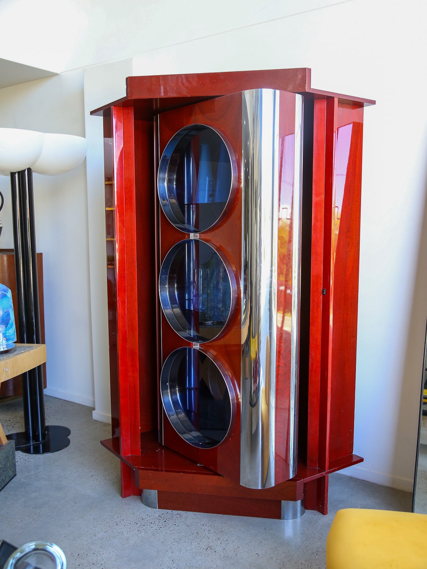 Rotating Dry Bar Cabinet by Willy Rizzo in Wood & Chrome