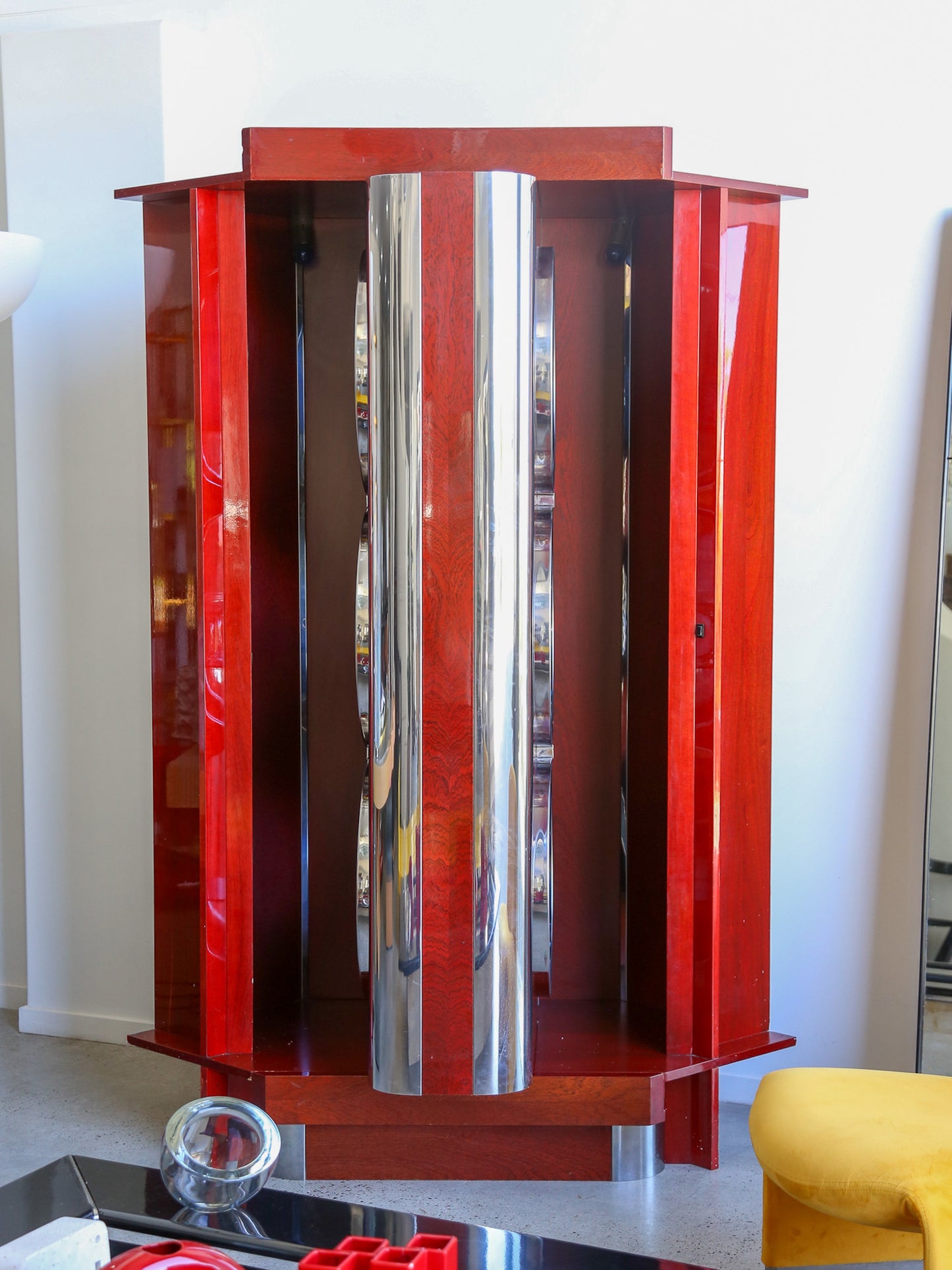 Rotating Dry Bar Cabinet by Willy Rizzo in Wood & Chrome