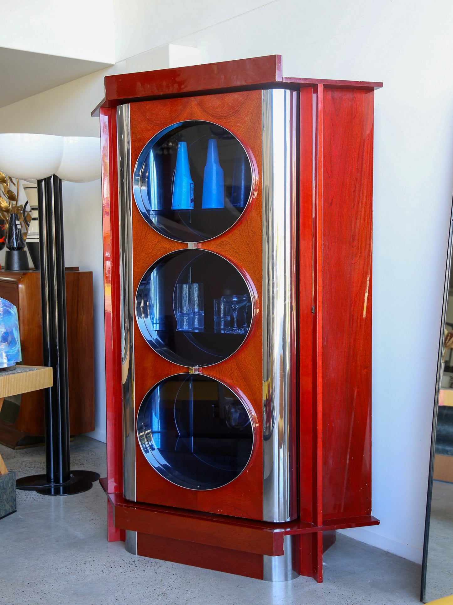 Rotating Dry Bar Cabinet by Willy Rizzo in Wood & Chrome