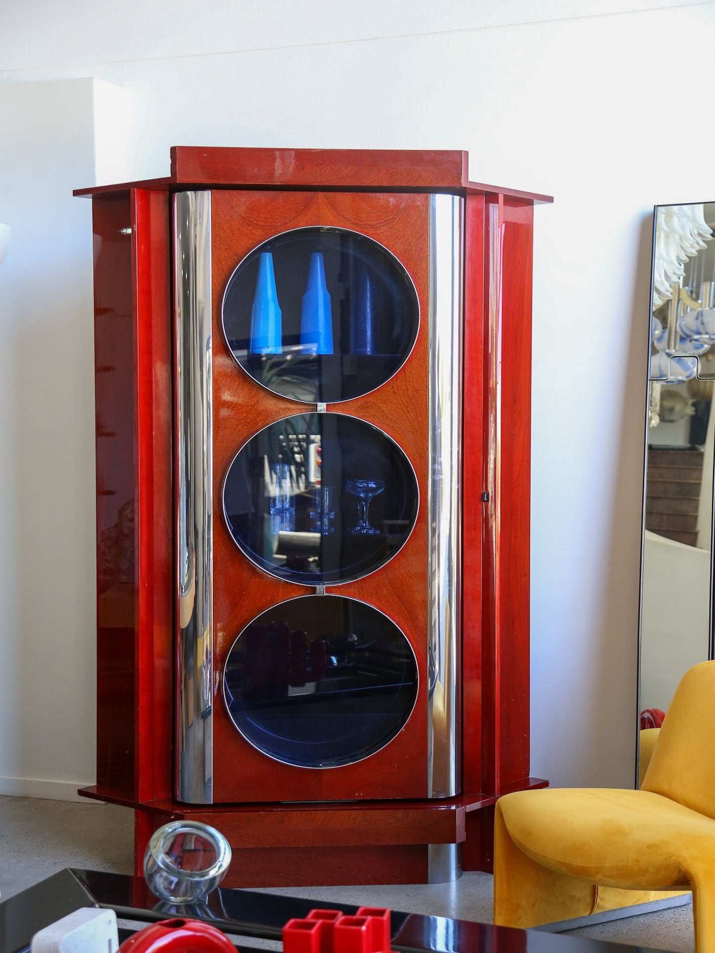 Rotating Dry Bar Cabinet by Willy Rizzo in Wood & Chrome