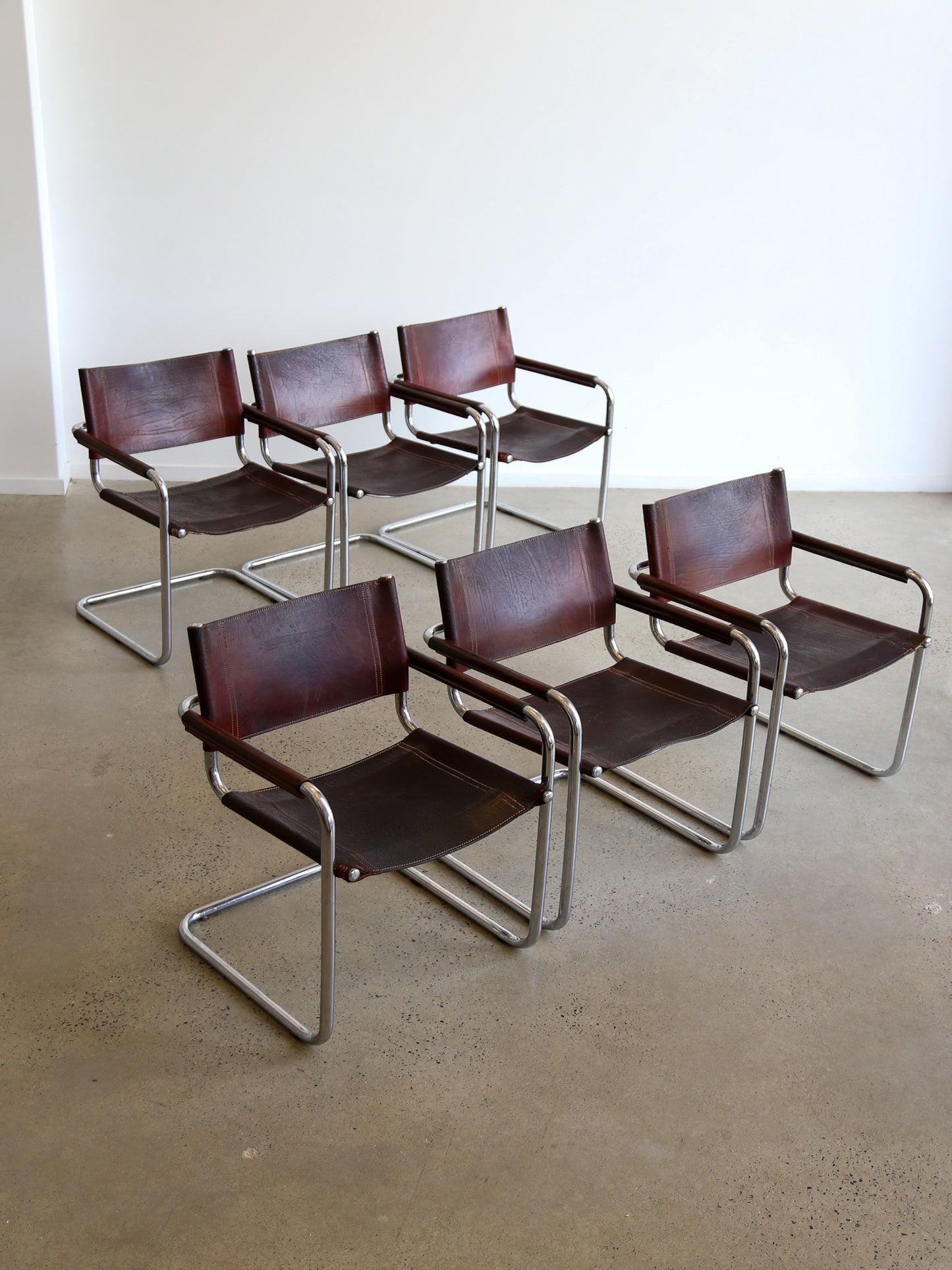 S34 Marcel Breuer Brown Leather & Chrome Set of Six Chairs 1970s