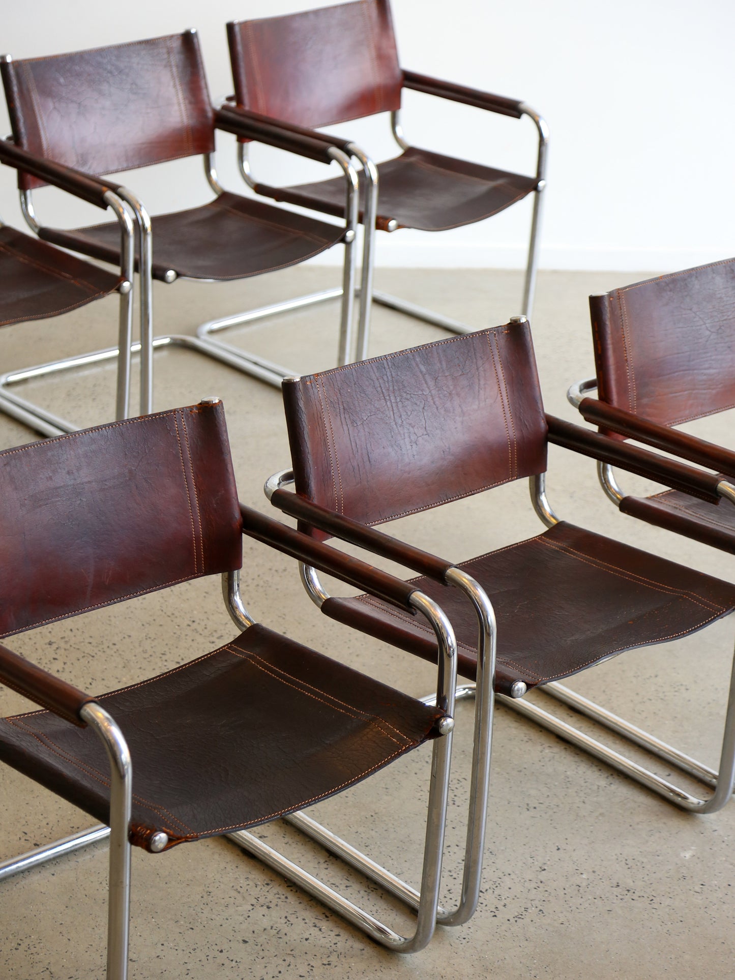 S34 Marcel Breuer Brown Leather & Chrome Set of Six Chairs 1970s