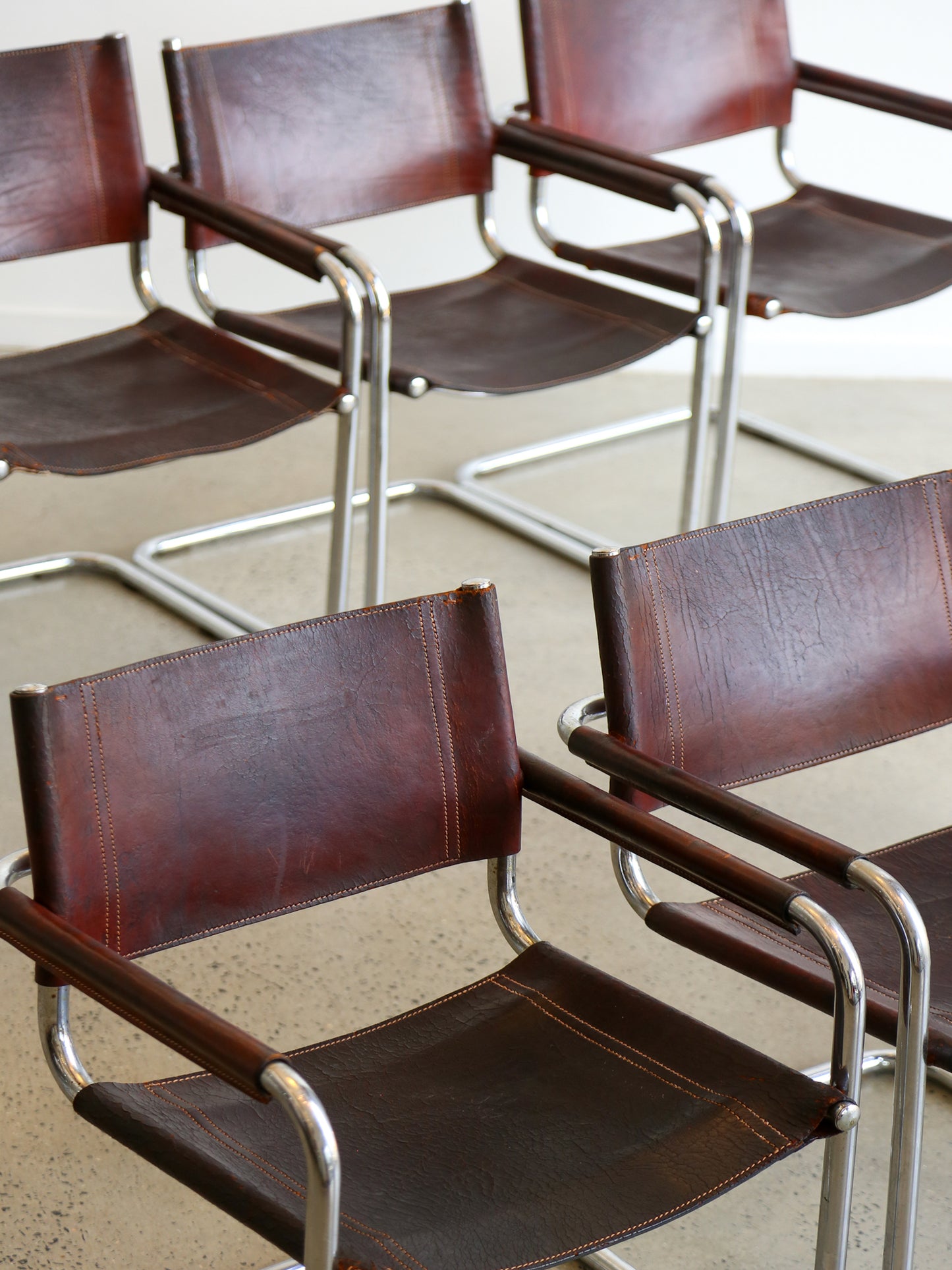 S34 Marcel Breuer Brown Leather & Chrome Set of Six Chairs 1970s