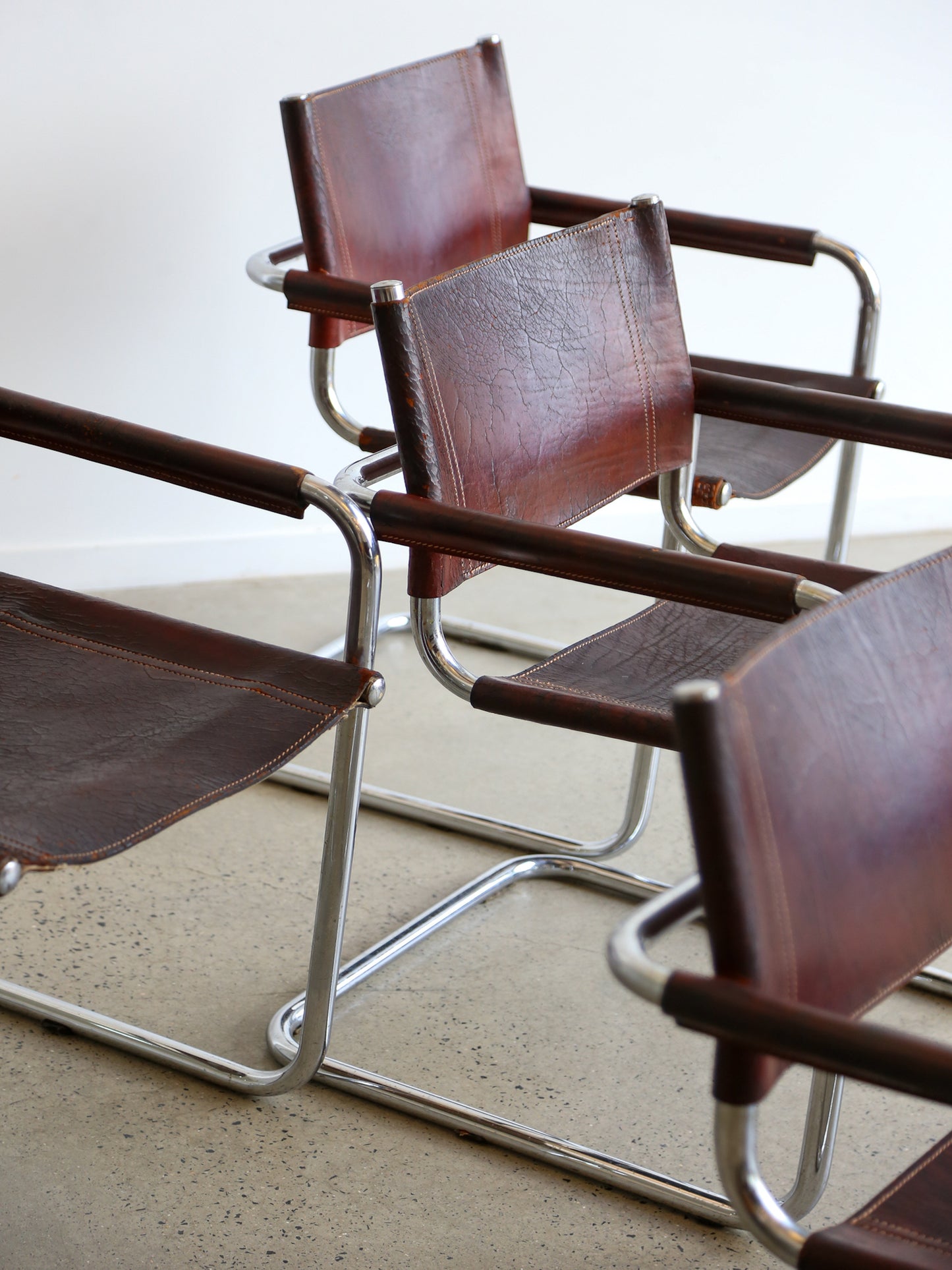 S34 Marcel Breuer Brown Leather & Chrome Set of Six Chairs 1970s