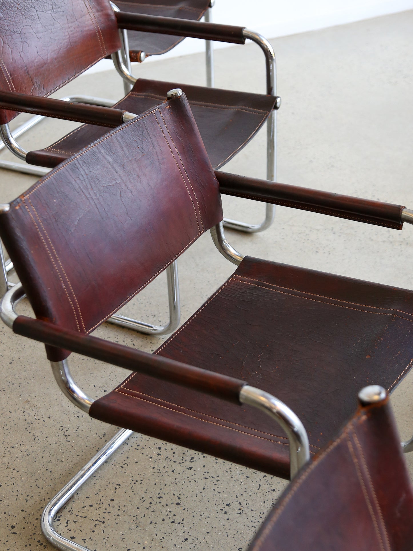 S34 Marcel Breuer Brown Leather & Chrome Set of Six Chairs 1970s