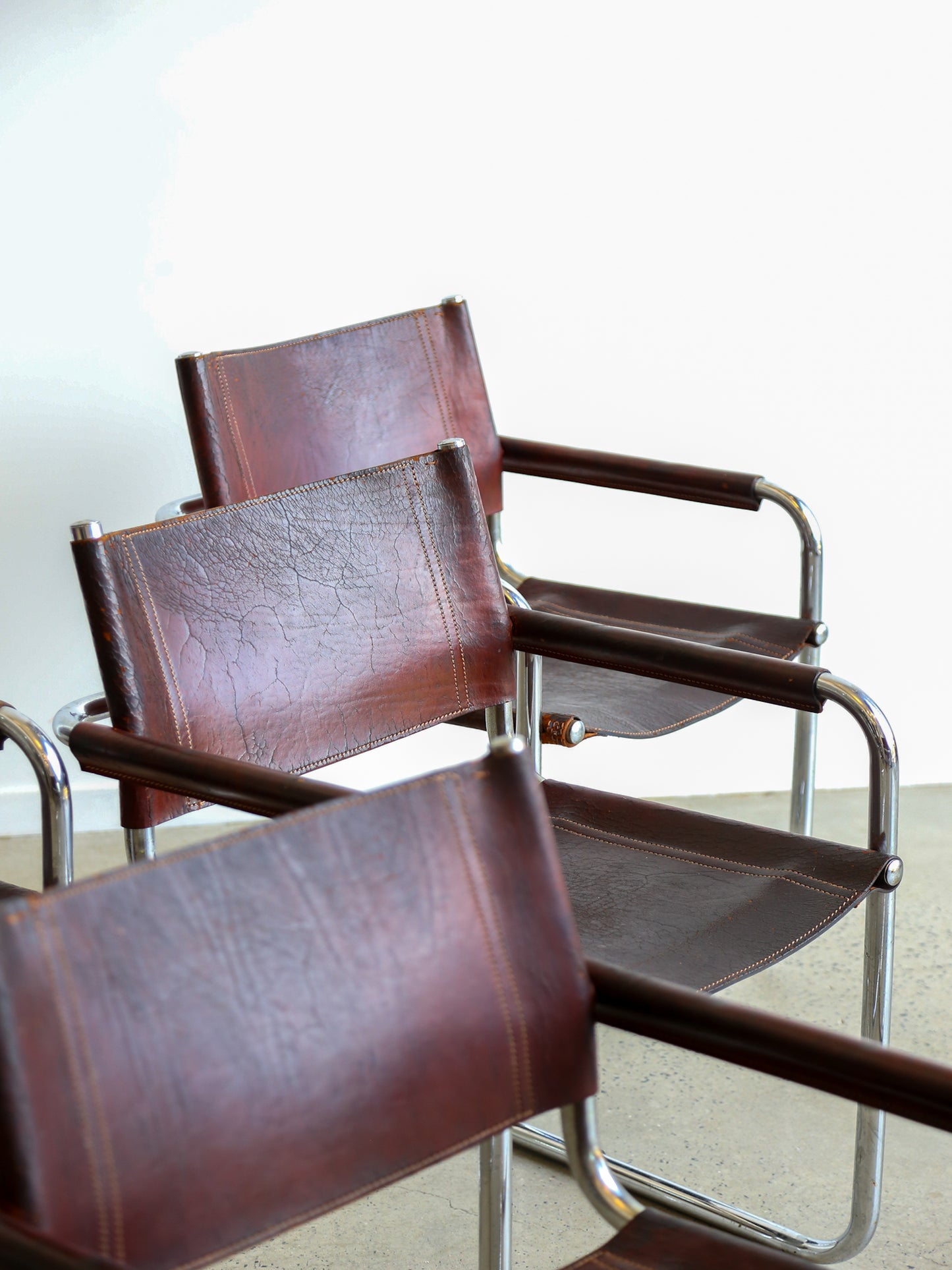 S34 Marcel Breuer Brown Leather & Chrome Set of Six Chairs 1970s