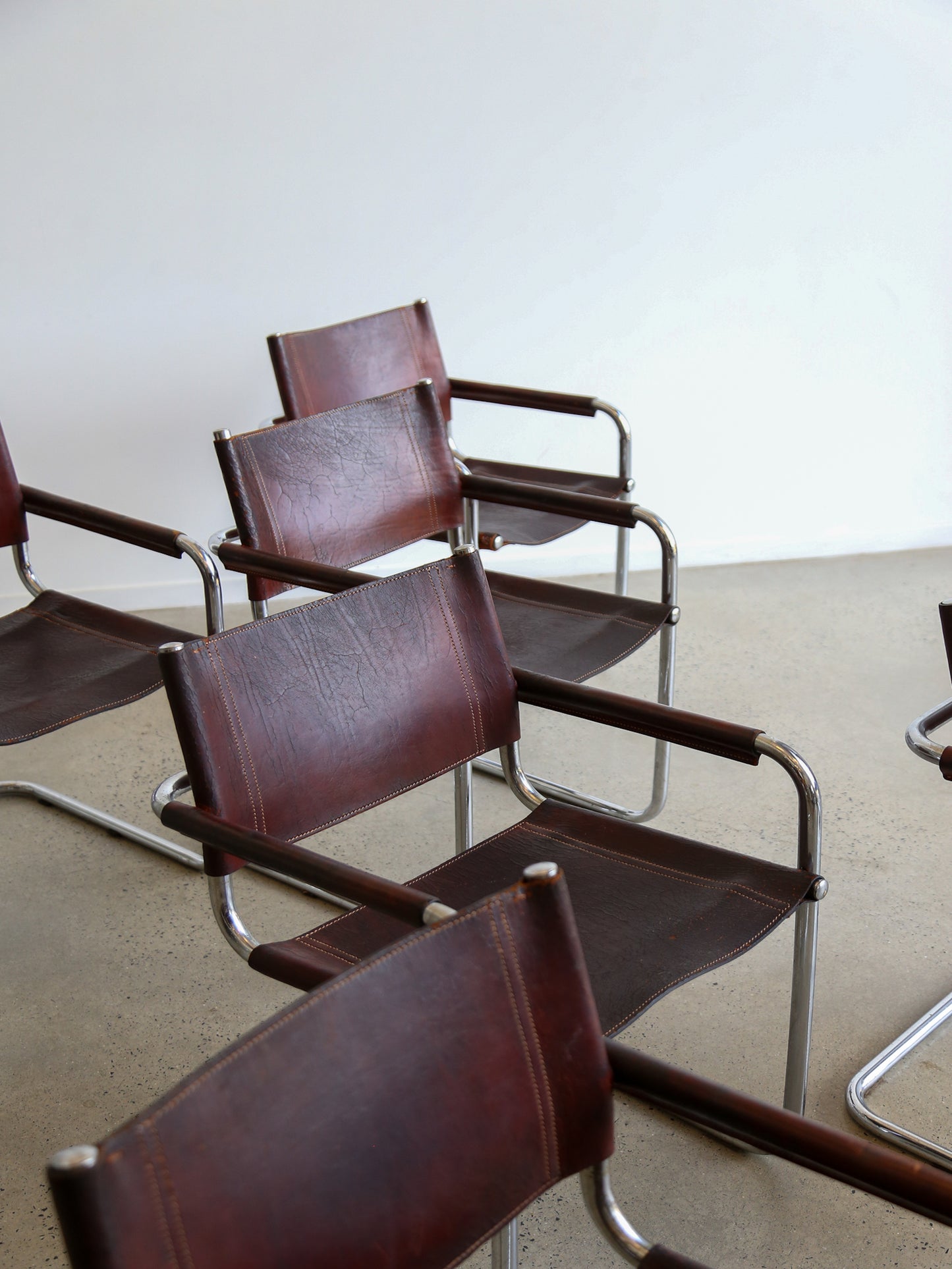 S34 Marcel Breuer Brown Leather & Chrome Set of Six Chairs 1970s